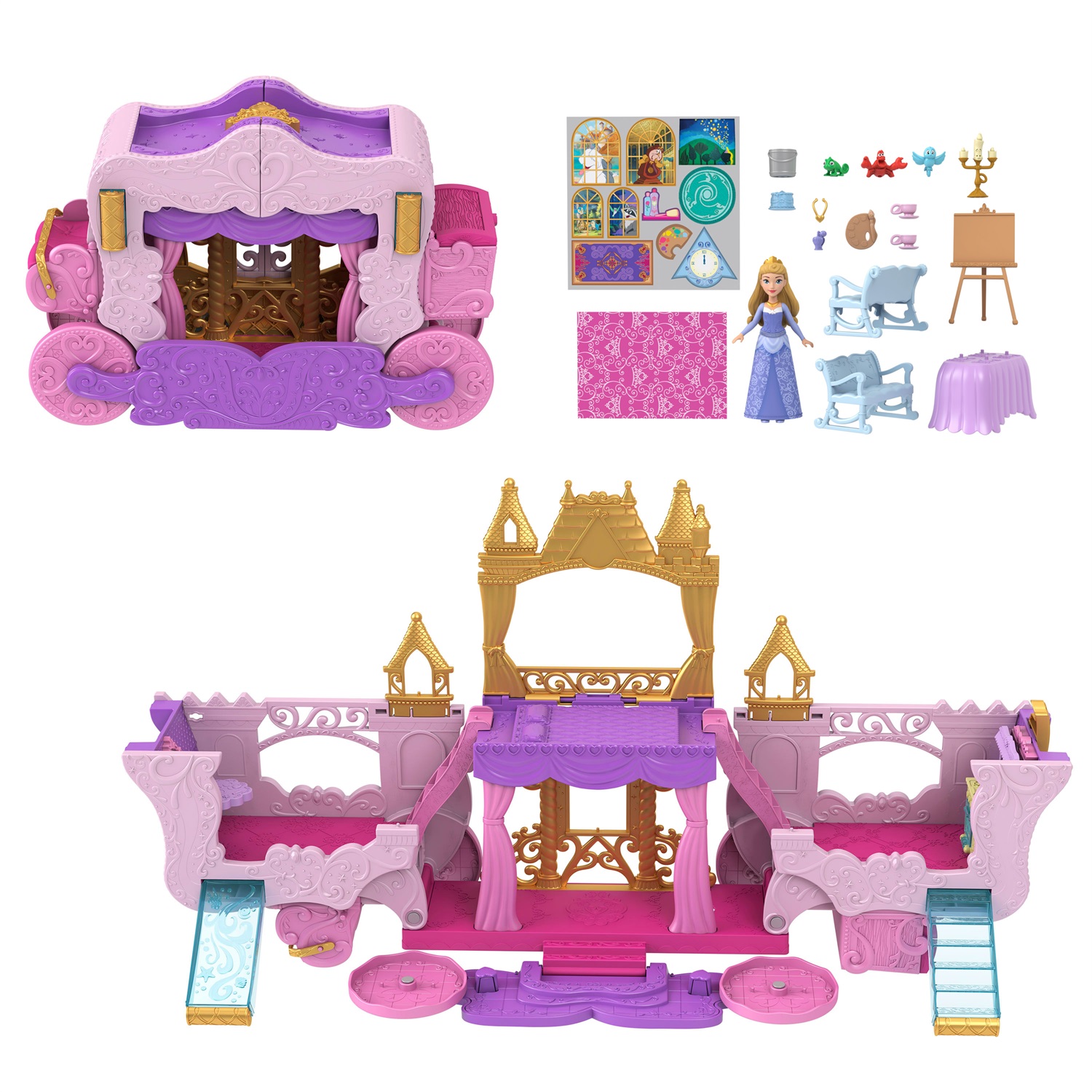 Mattel Disney Princess Castello Carrozza - Playset Trasformabile 2 in 1 con Mini Bambola Aurora, 3 Piani, 6 Aree di Gioco e 4 Personaggi