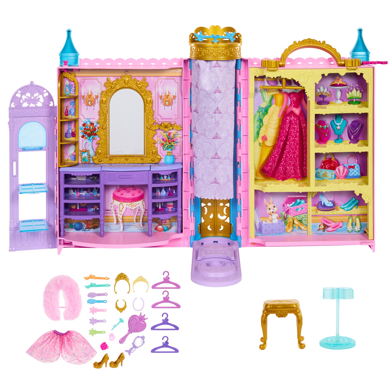 Mattel Disney Princess Guardaroba da Favola - Playset Armadio Apribile fino a 60 cm con 2 Abiti e 25 Accessori
