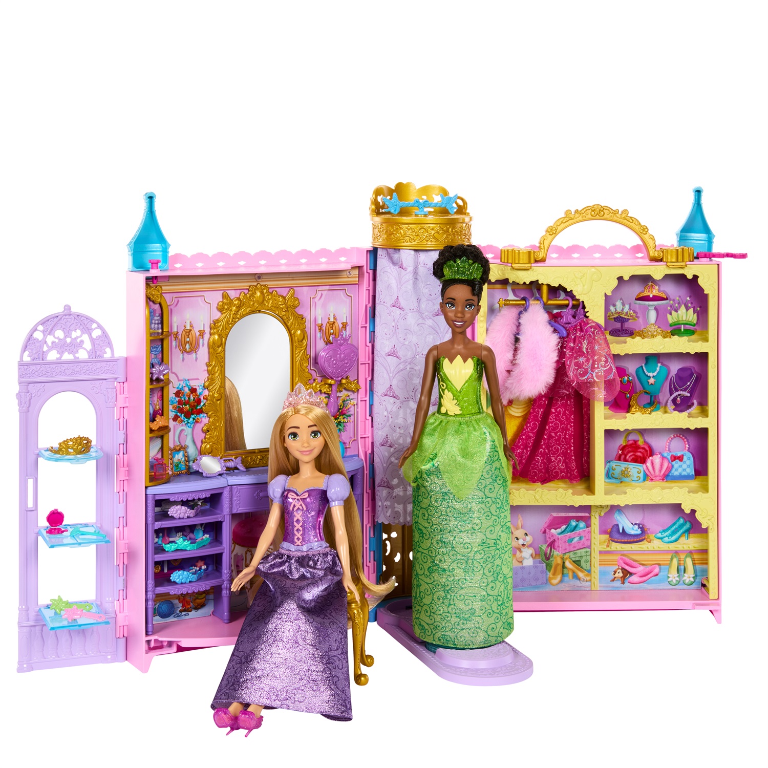 Mattel Disney Princess Guardaroba da Favola - Playset Armadio Apribile fino a 60 cm con 2 Abiti e 25 Accessori