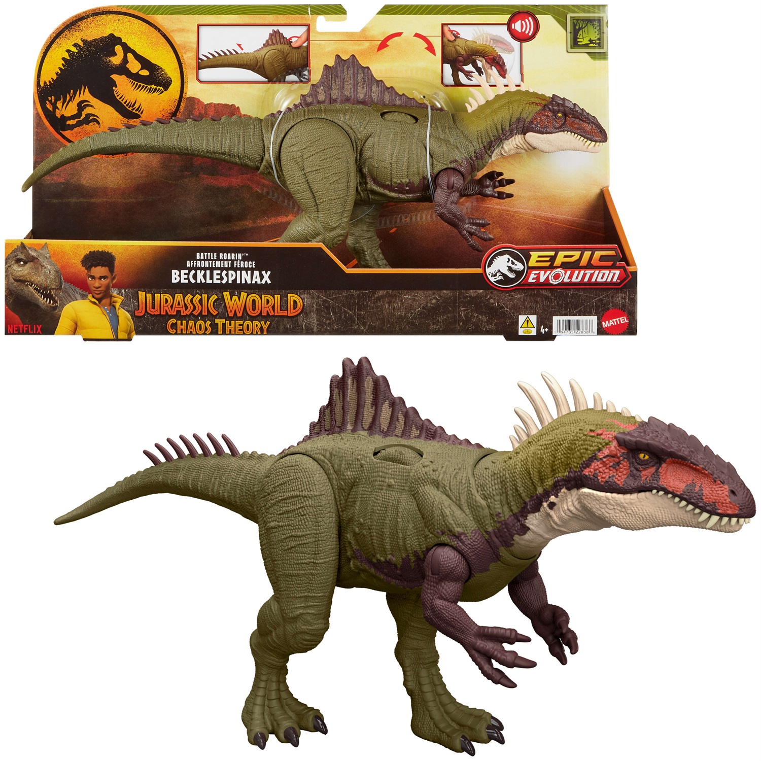 Mattel Jurassic World Becklespinax Battaglie Ruggenti - Action Figure con Elementi Sonori e Funzionalità Interattive, Lunghezza 43 cm, 4 Anni