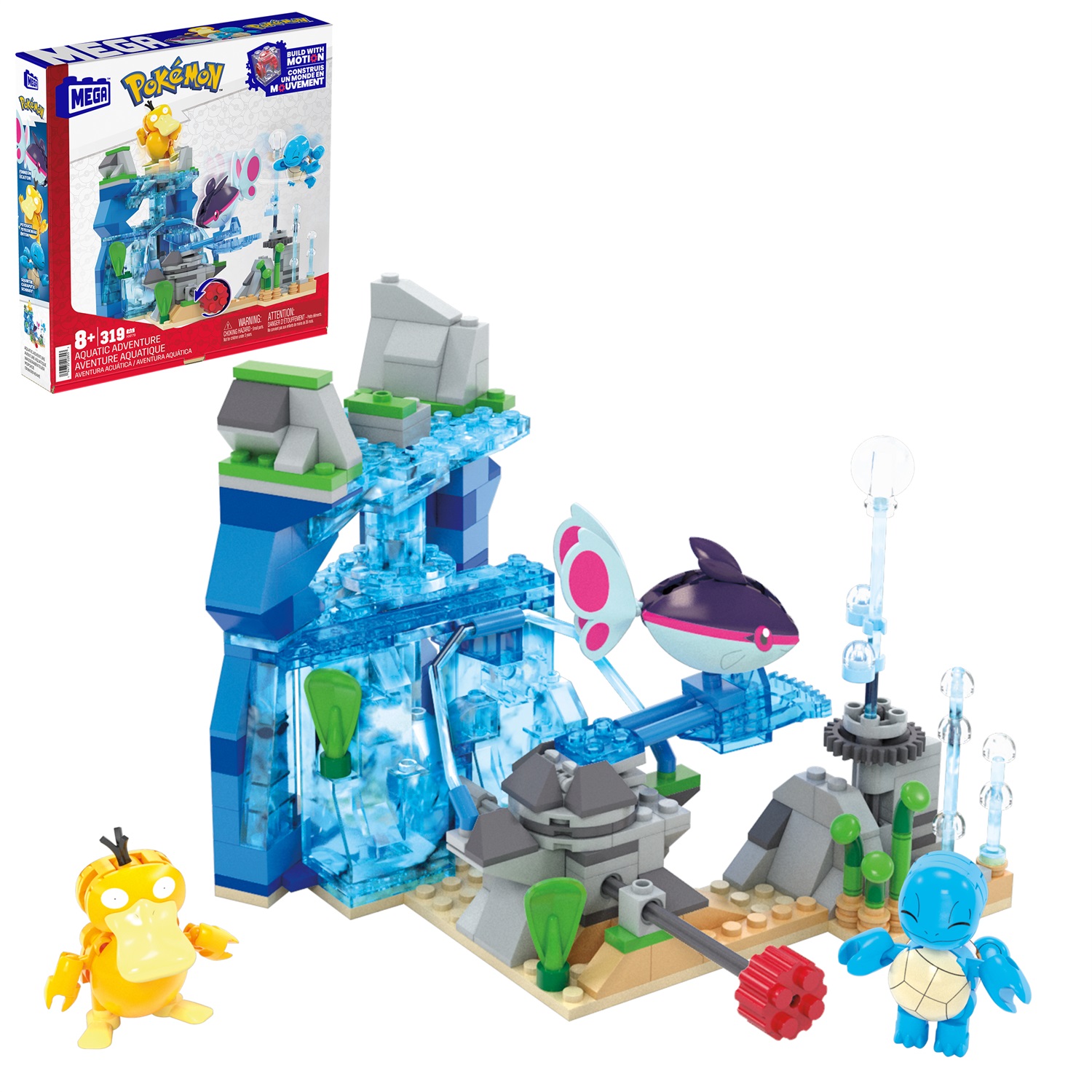MEGA Pokémon - Avventura Acquatica, set da costruire con 319 pezzi, sistema Mattoncino Movimento e 3 Pokémon snodati inclusi (Squirtle, Psyduck, Finneon), giocattolo per bambini, HXF79