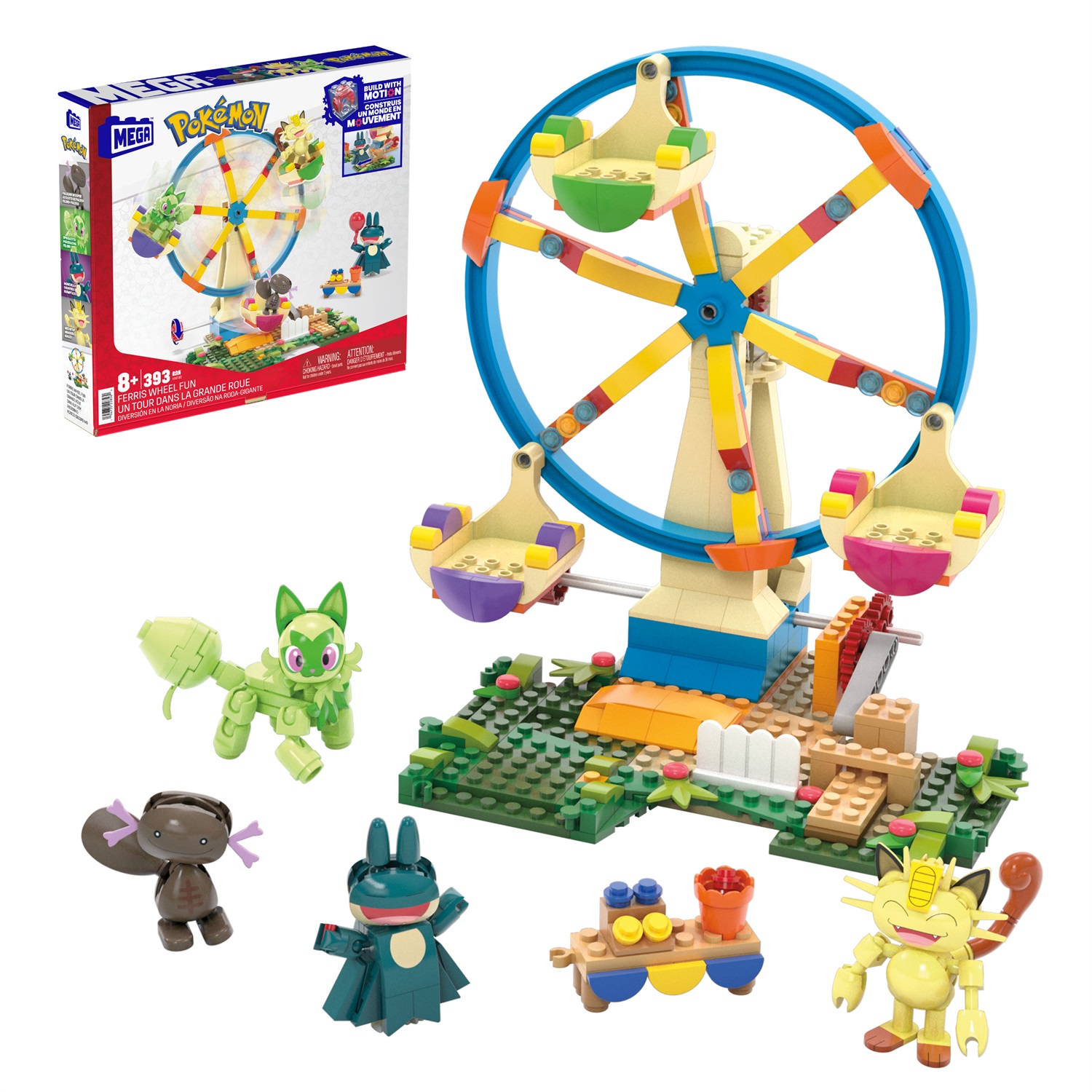 MEGA Pokémon Ruota Panoramica Adventure Builder - Set da costruire con 393 pezzi, include Sprigatito, Meowth, Wooper di Paldea e Munchlax, giocattolo per bambini 8 anni, HXF80