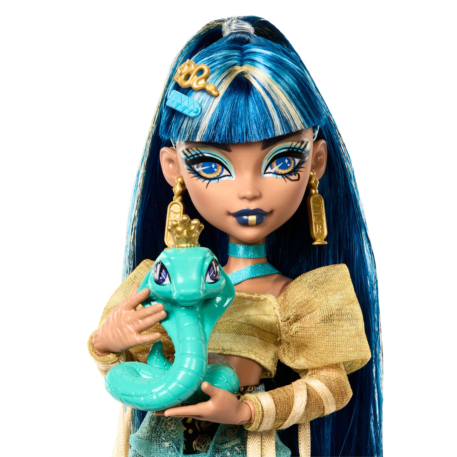 Monster High Cleo de Nile - Bambola con Camicetta Dorata, Gonna a Strati, Cobra Hissette e Accessori Inclusi, Giocattolo per Bambini 4 Anni