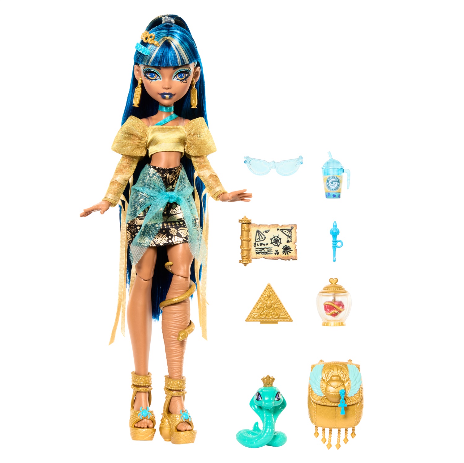 Monster High Cleo de Nile - Bambola con Camicetta Dorata, Gonna a Strati, Cobra Hissette e Accessori Inclusi, Giocattolo per Bambini 4 Anni