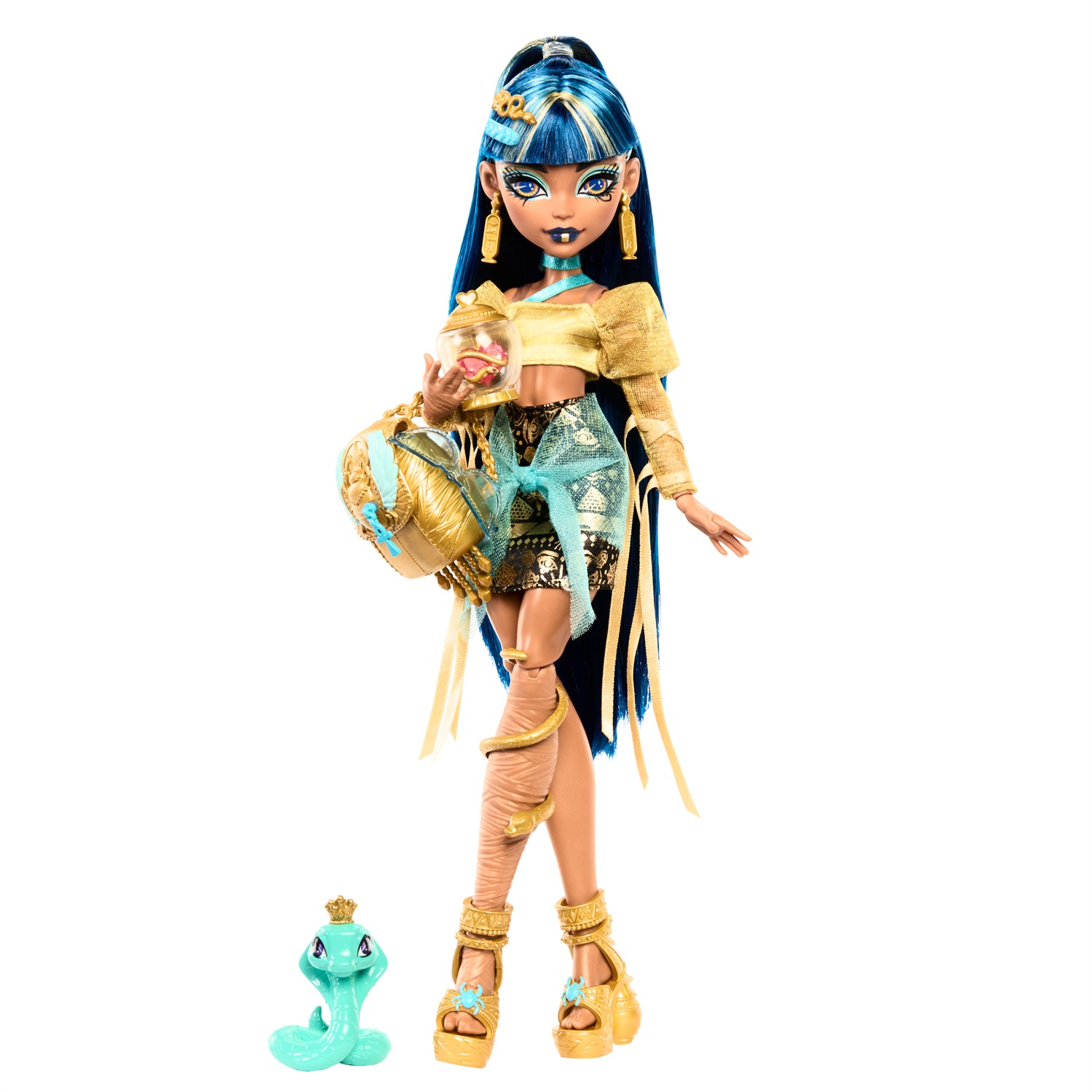 Monster High Cleo de Nile - Bambola con Camicetta Dorata, Gonna a Strati, Cobra Hissette e Accessori Inclusi, Giocattolo per Bambini 4 Anni