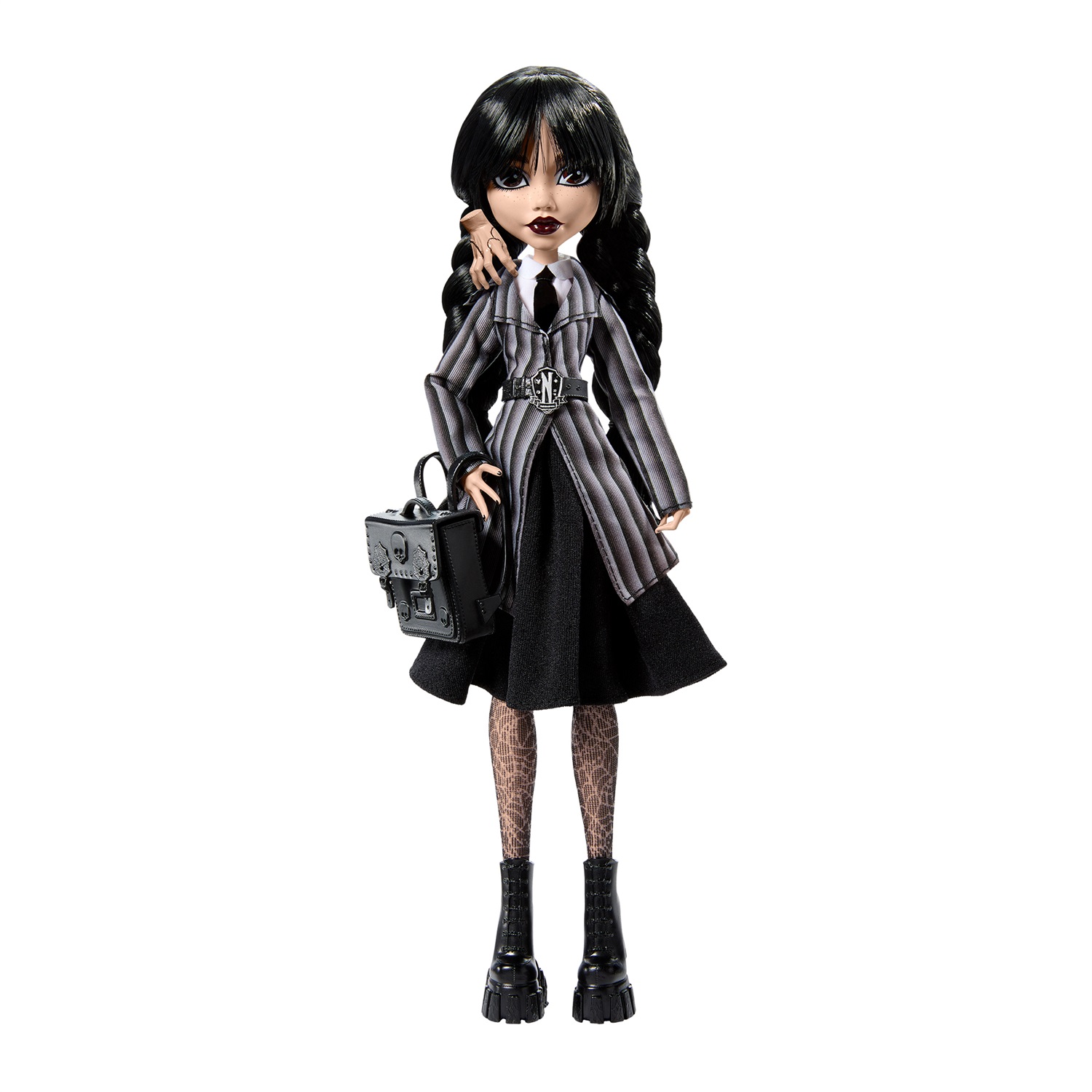 Monster High HXJ04 Bambola Mercoledì Addams con Accessori - Uniforme Nevermore Academy, Mano, Zaino e Piedistallo