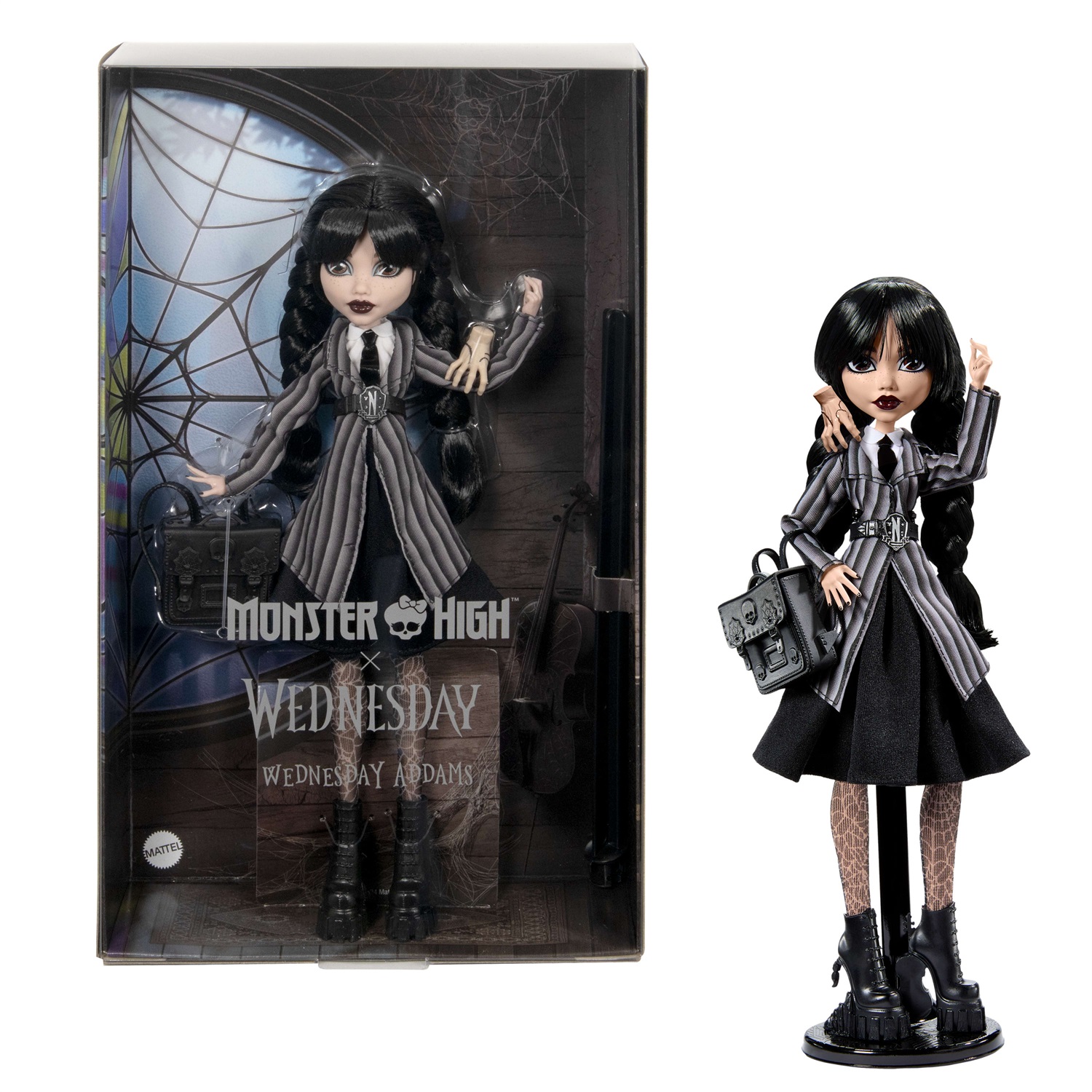 Monster High HXJ04 Bambola Mercoledì Addams con Accessori - Uniforme Nevermore Academy, Mano, Zaino e Piedistallo