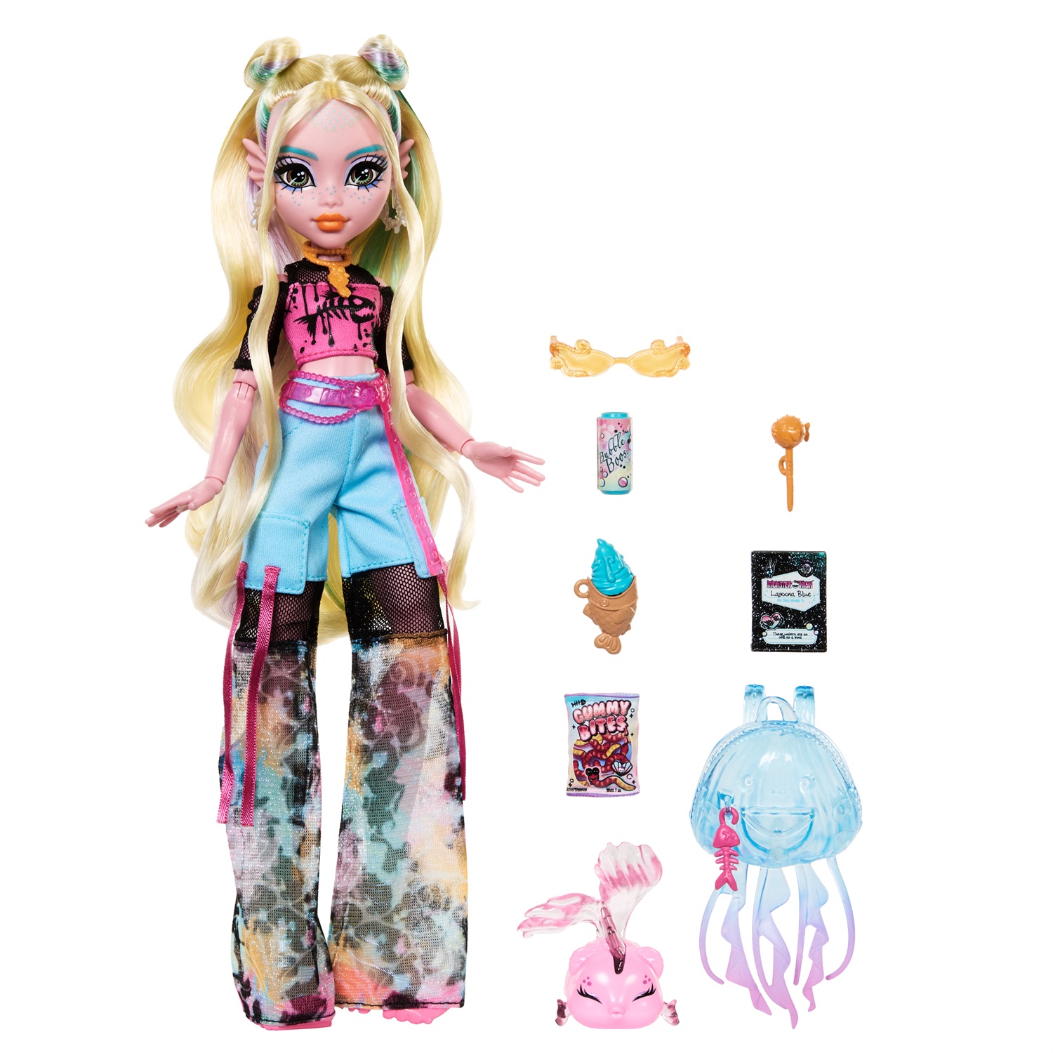 Monster High Lagoona Blue - Bambola con T-shirt in Mesh, Pantaloni Cargo, Pesciolina Neptuna e Accessori Inclusi, Giocattolo per Bambini 4 anni
