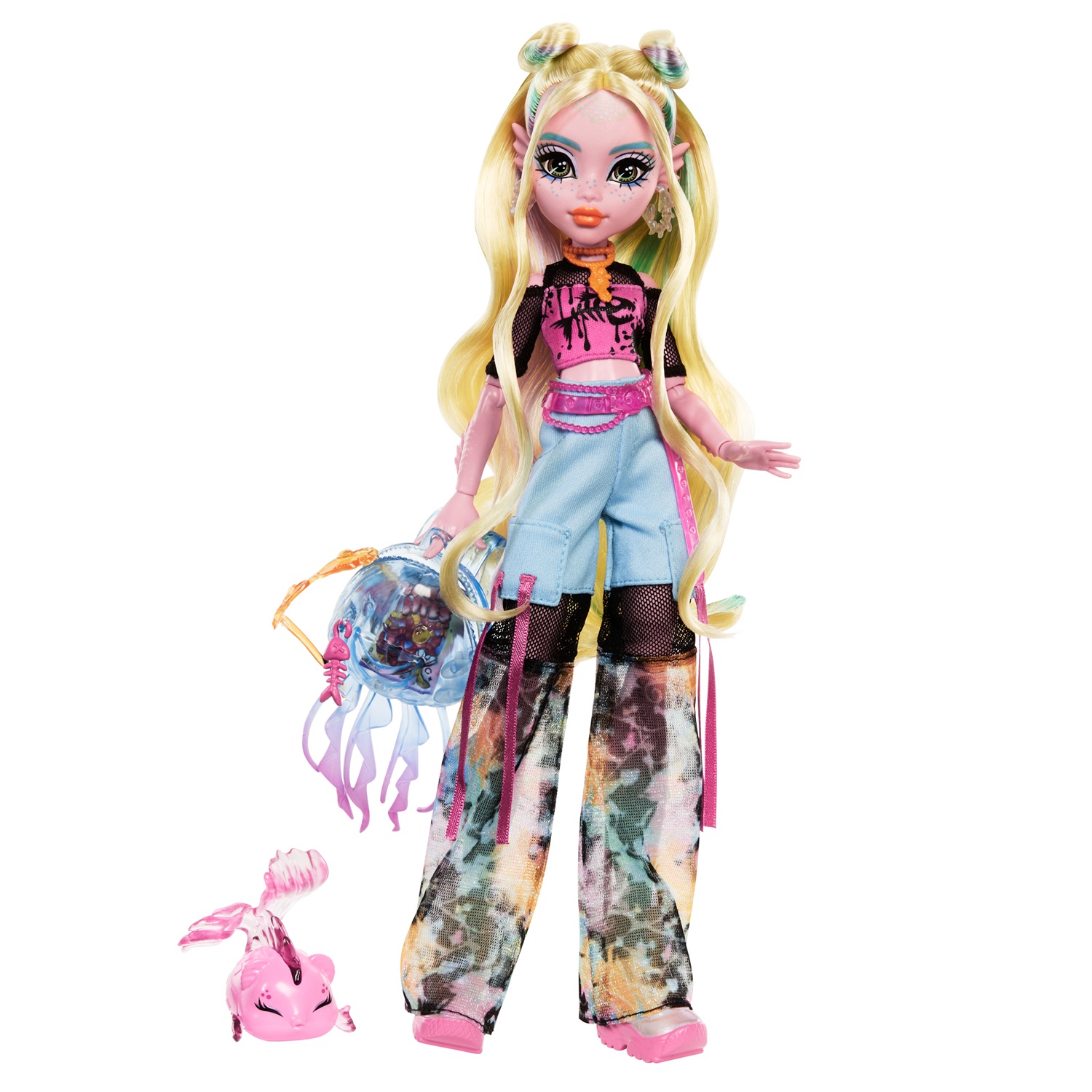 Monster High Lagoona Blue - Bambola con T-shirt in Mesh, Pantaloni Cargo, Pesciolina Neptuna e Accessori Inclusi, Giocattolo per Bambini 4 anni