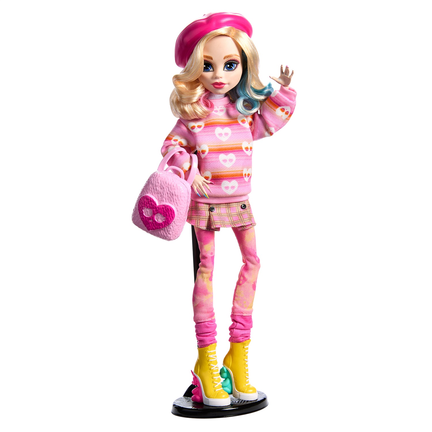 Monster High HXJ05 Bambola da Collezione Enid Sinclair in Abito Rosa con Cappello, Zaino e Piedistallo