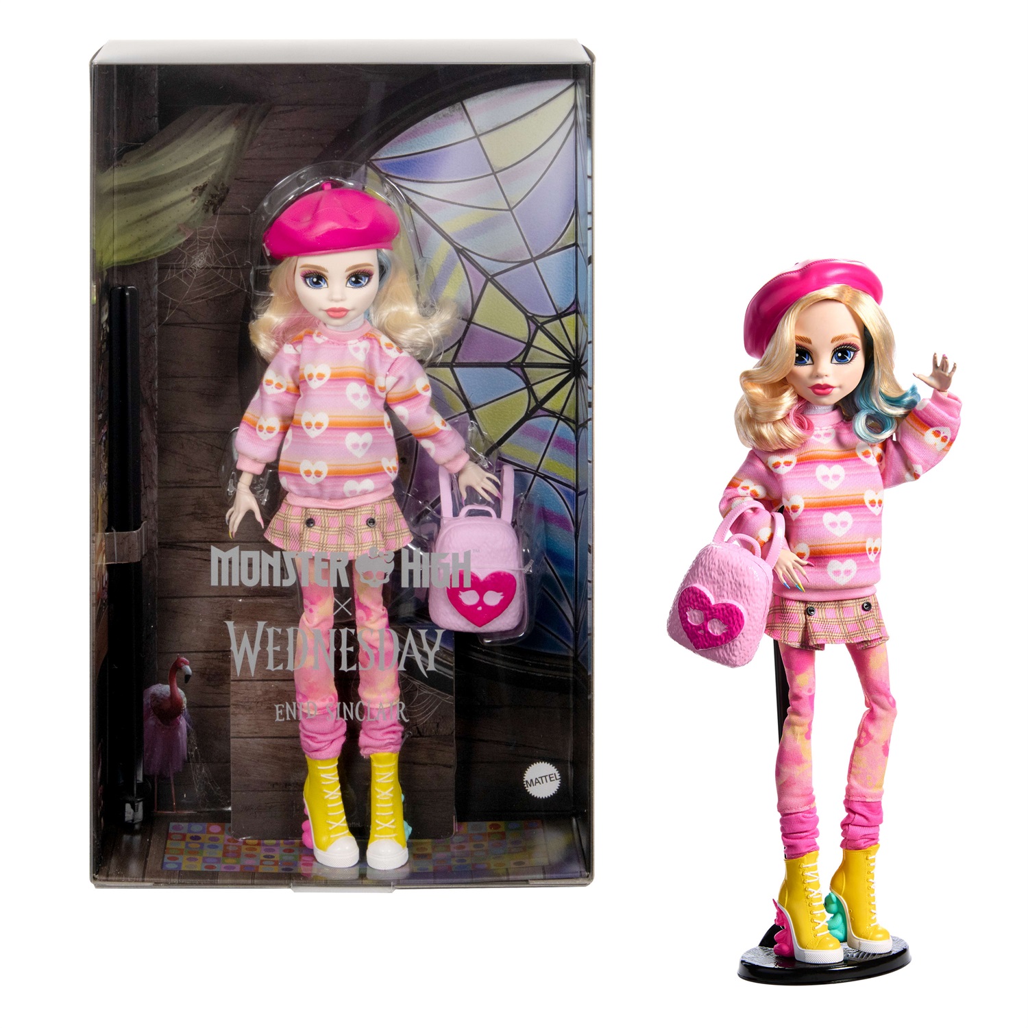 Monster High HXJ05 Bambola da Collezione Enid Sinclair in Abito Rosa con Cappello, Zaino e Piedistallo