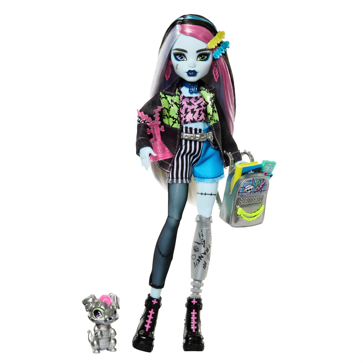 Monster High - Frankie Stein, bambola con giacca e shorts in denim, cagnolina Watzie e accessori inclusi, giocattolo per bambini 4 anni, HXH73