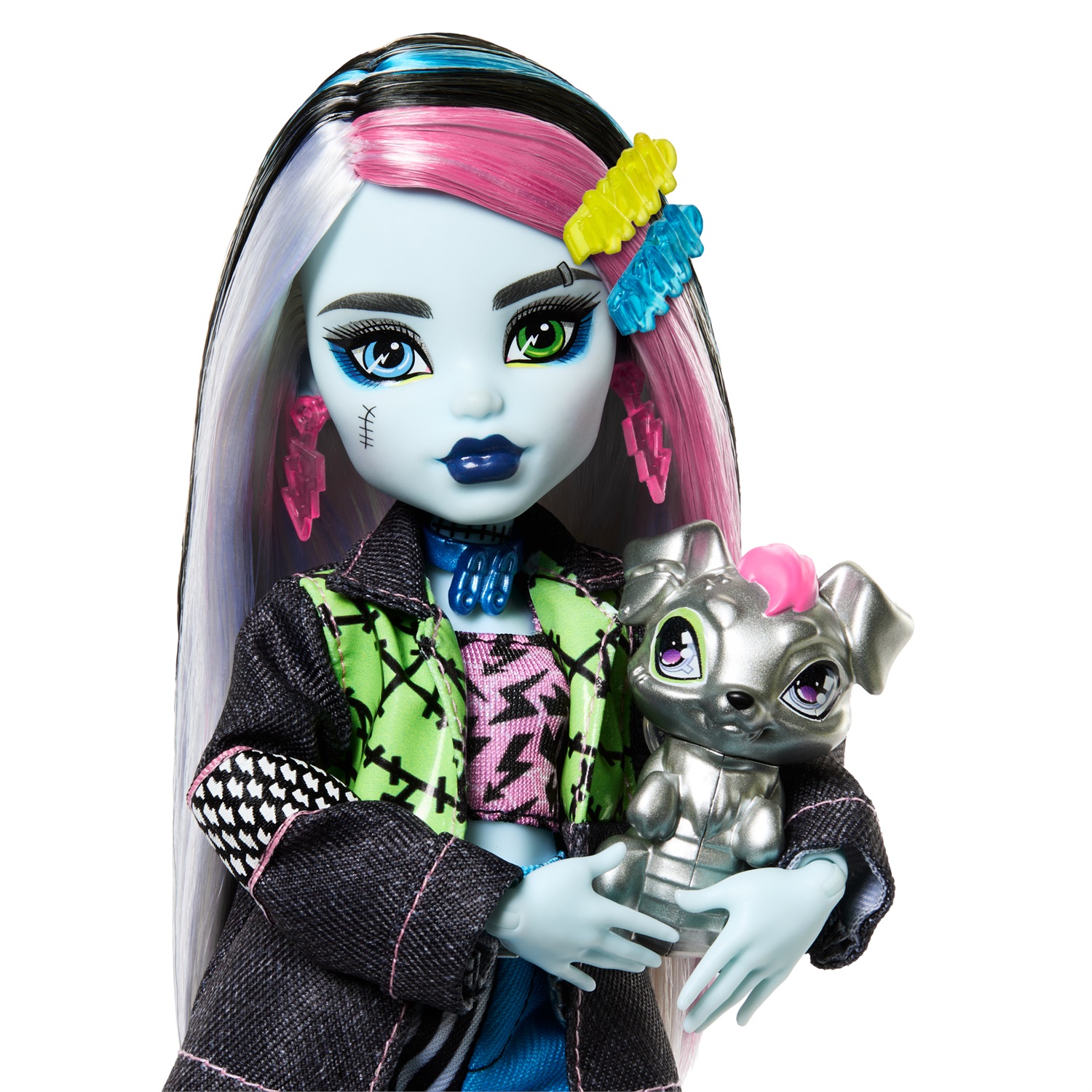 Monster High - Frankie Stein, bambola con giacca e shorts in denim, cagnolina Watzie e accessori inclusi, giocattolo per bambini 4 anni, HXH73
