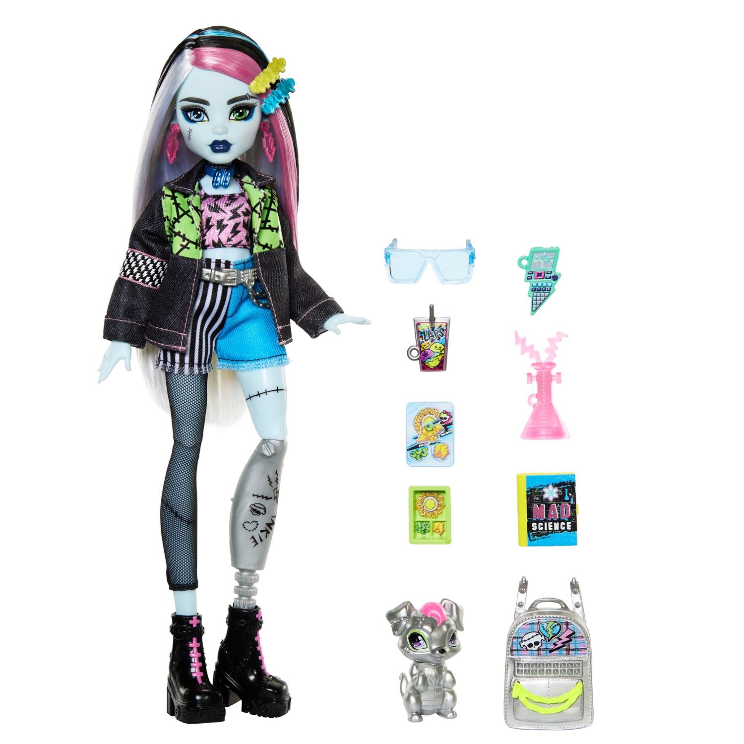 Monster High - Frankie Stein, bambola con giacca e shorts in denim, cagnolina Watzie e accessori inclusi, giocattolo per bambini 4 anni, HXH73
