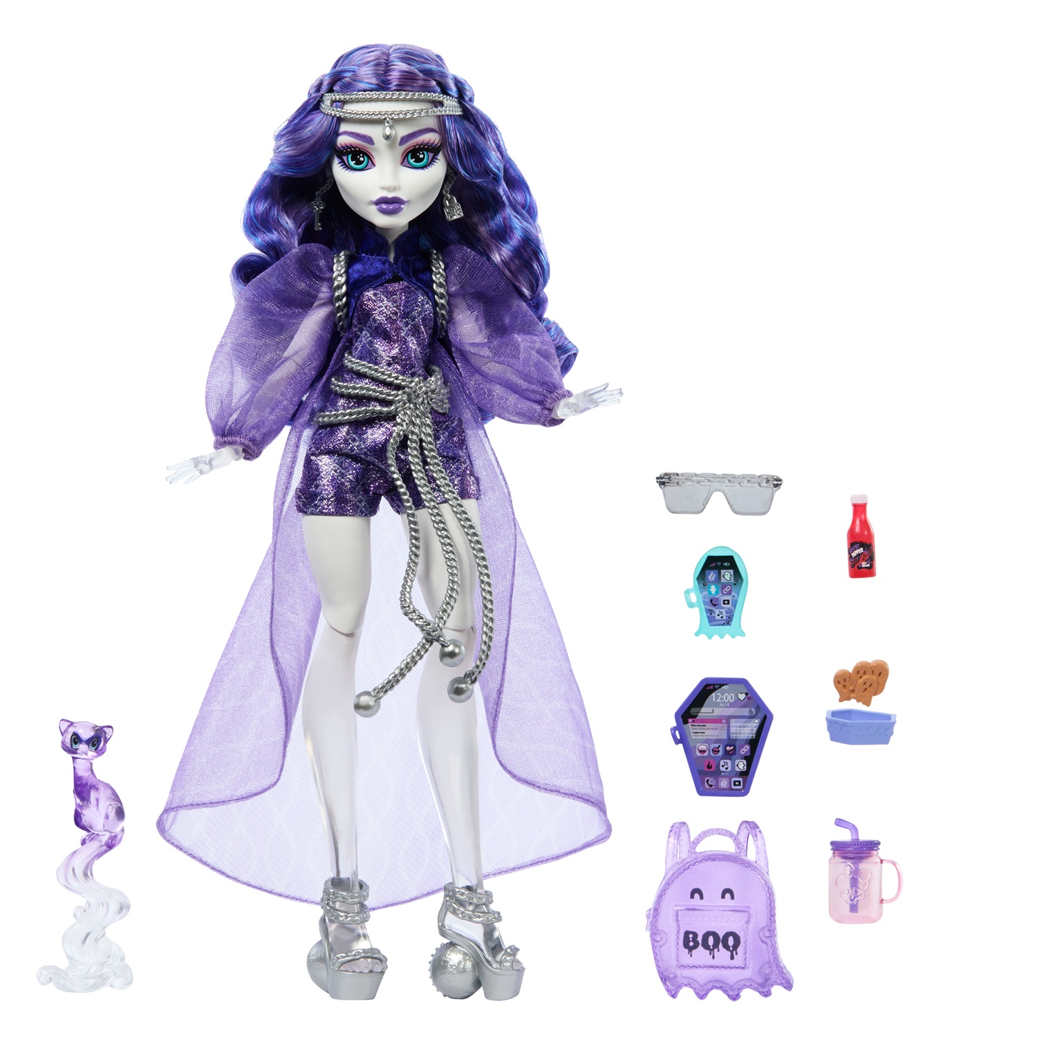 Monster High Spectra Vondergeist - Bambola alla Moda con Rhuen il Furetto e Accessori Inclusi (Zaino, Tablet, Spuntini) - Giocattolo per Bambini 4 Anni