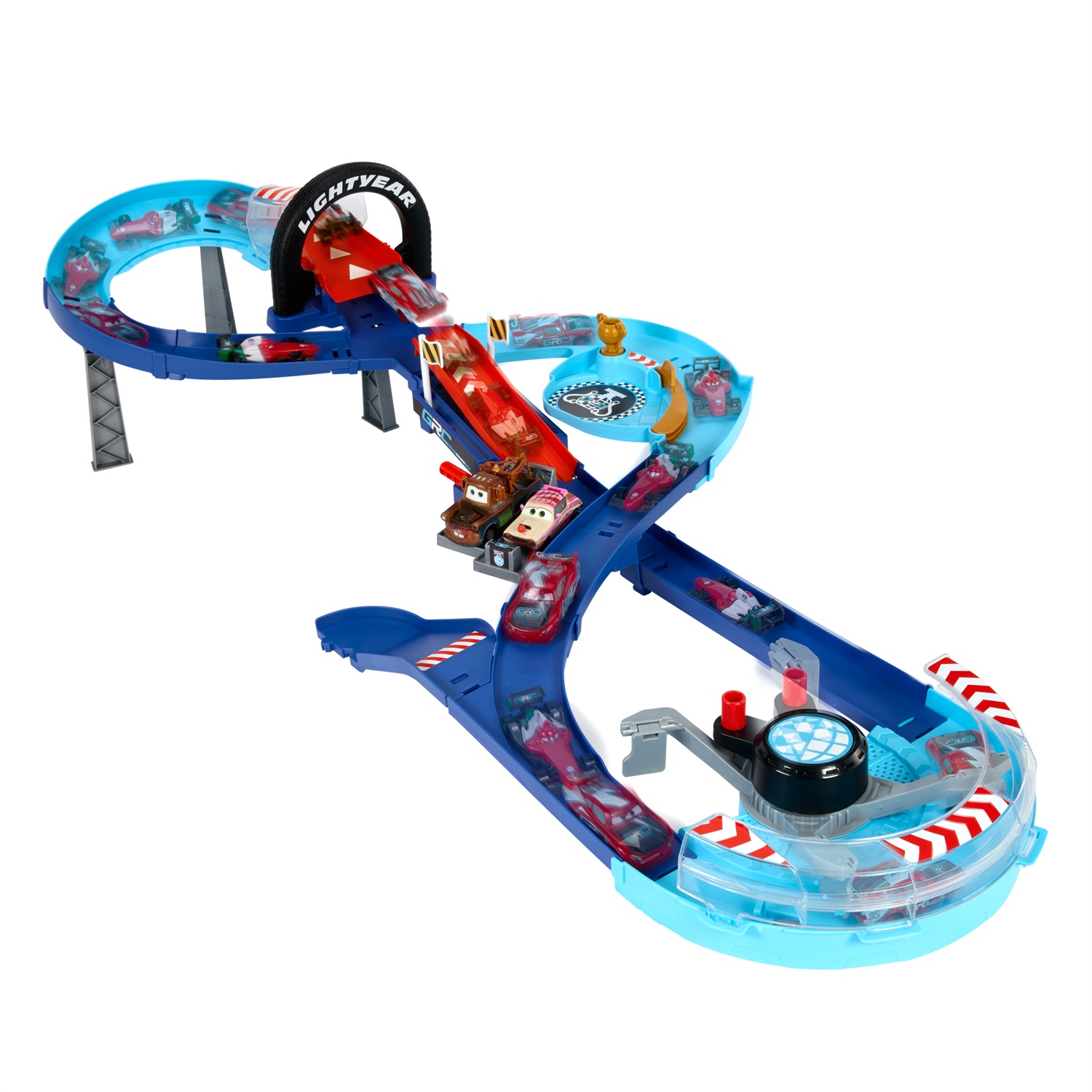 Mattel Disney e Pixar Cars Pista Salti della Corsa Globale - Playset con Propulsore Attivabile, 2 Macchinine Saetta McQueen e Francesco Bernoulli, HXJ32