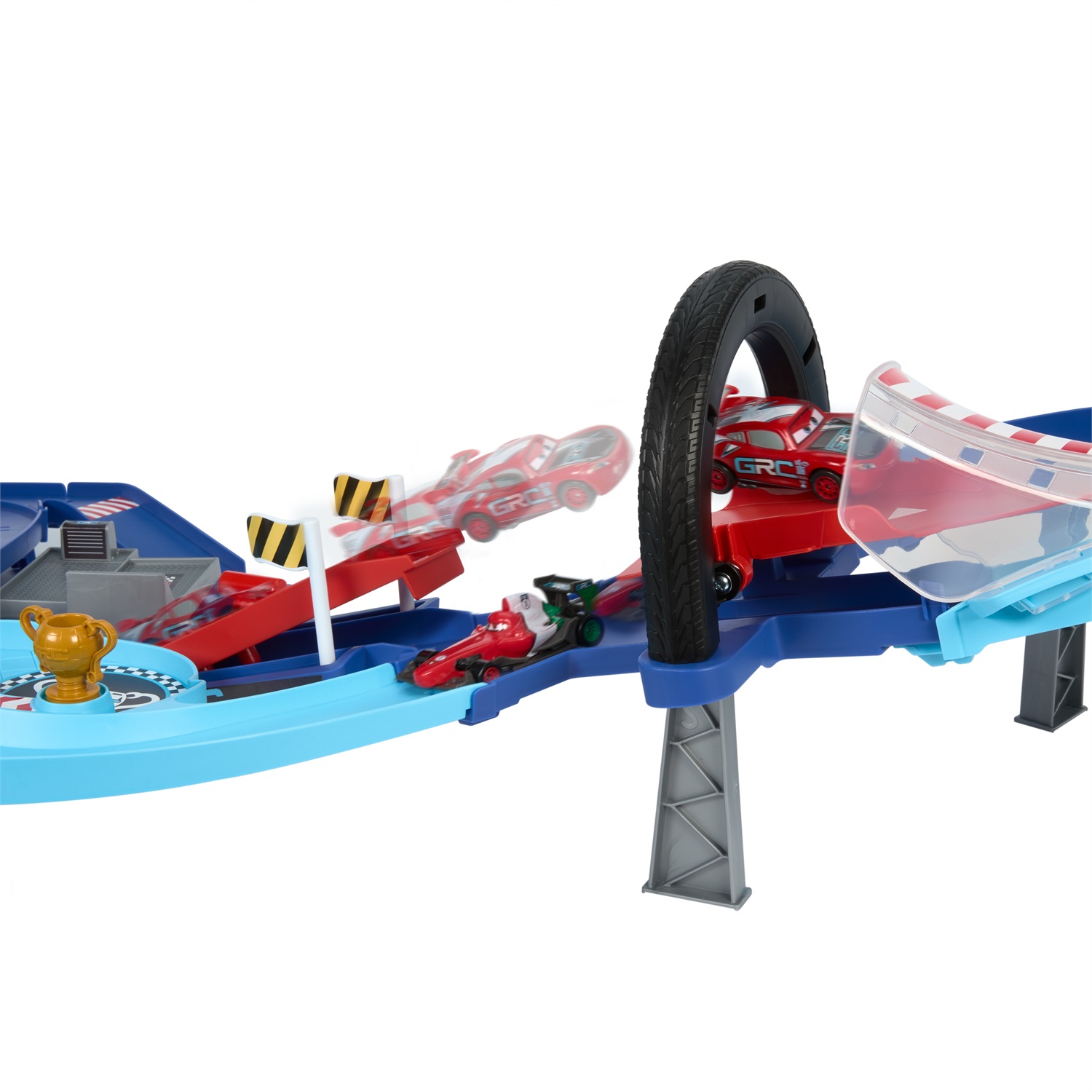 Mattel Disney e Pixar Cars Pista Salti della Corsa Globale - Playset con Propulsore Attivabile, 2 Macchinine Saetta McQueen e Francesco Bernoulli, HXJ32