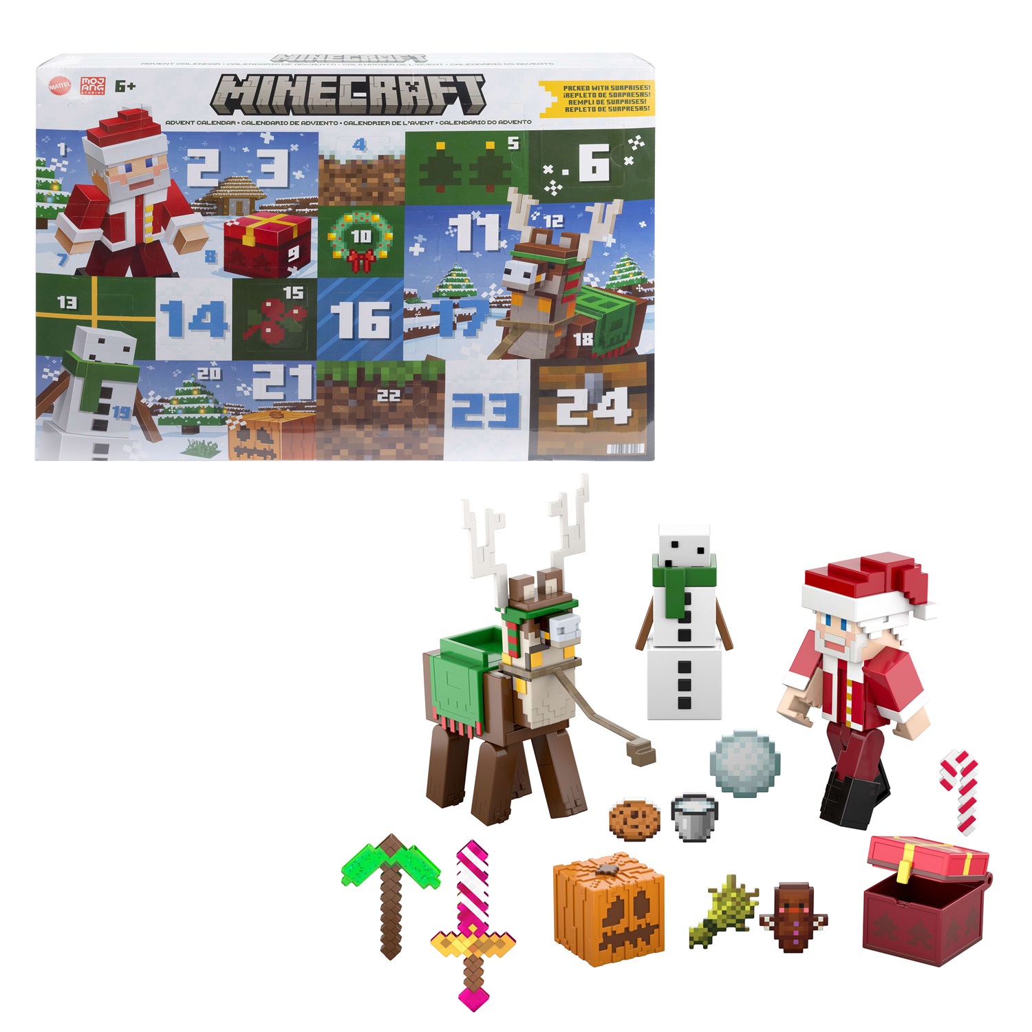 Mattel Minecraft - Calendario dell'Avvento con 3 Action Figures (Babbo Natale, Lama Jolly, Golem delle nevi), 17 Accessori, 4 Adesivi, Design Pixelato, Giocattolo per Bambini 6 anni, HXM86