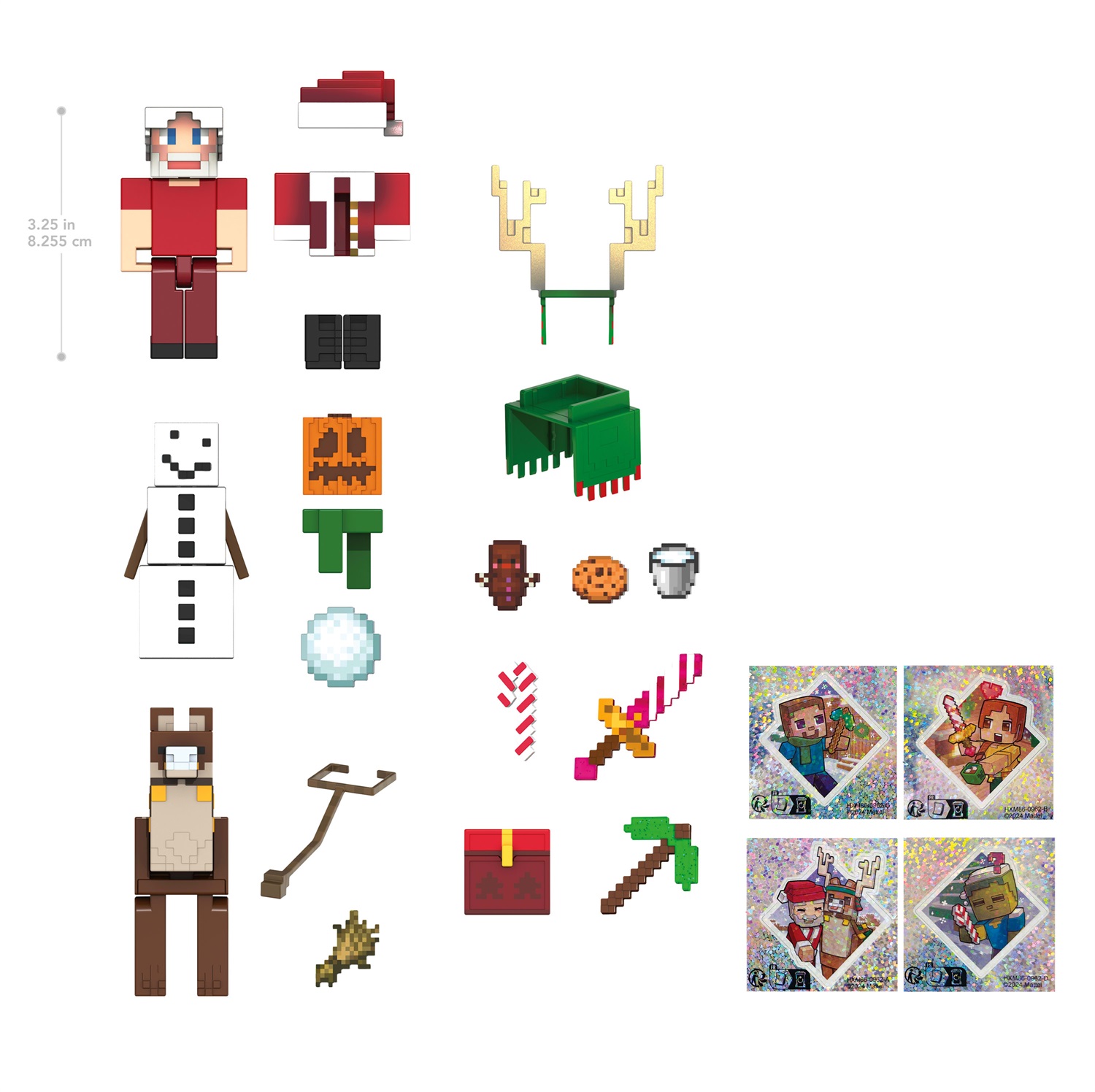 Mattel Minecraft - Calendario dell'Avvento con 3 Action Figures (Babbo Natale, Lama Jolly, Golem delle nevi), 17 Accessori, 4 Adesivi, Design Pixelato, Giocattolo per Bambini 6 anni, HXM86