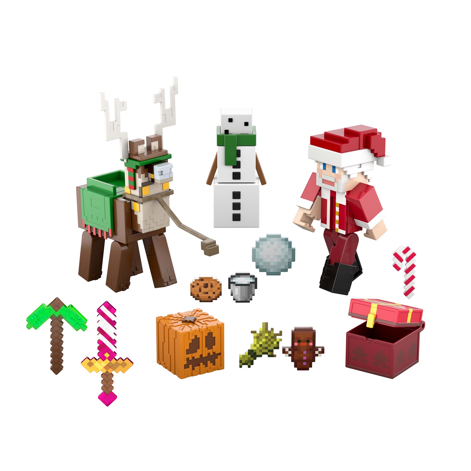 Mattel Minecraft - Calendario dell'Avvento con 3 Action Figures (Babbo Natale, Lama Jolly, Golem delle nevi), 17 Accessori, 4 Adesivi, Design Pixelato, Giocattolo per Bambini 6 anni, HXM86