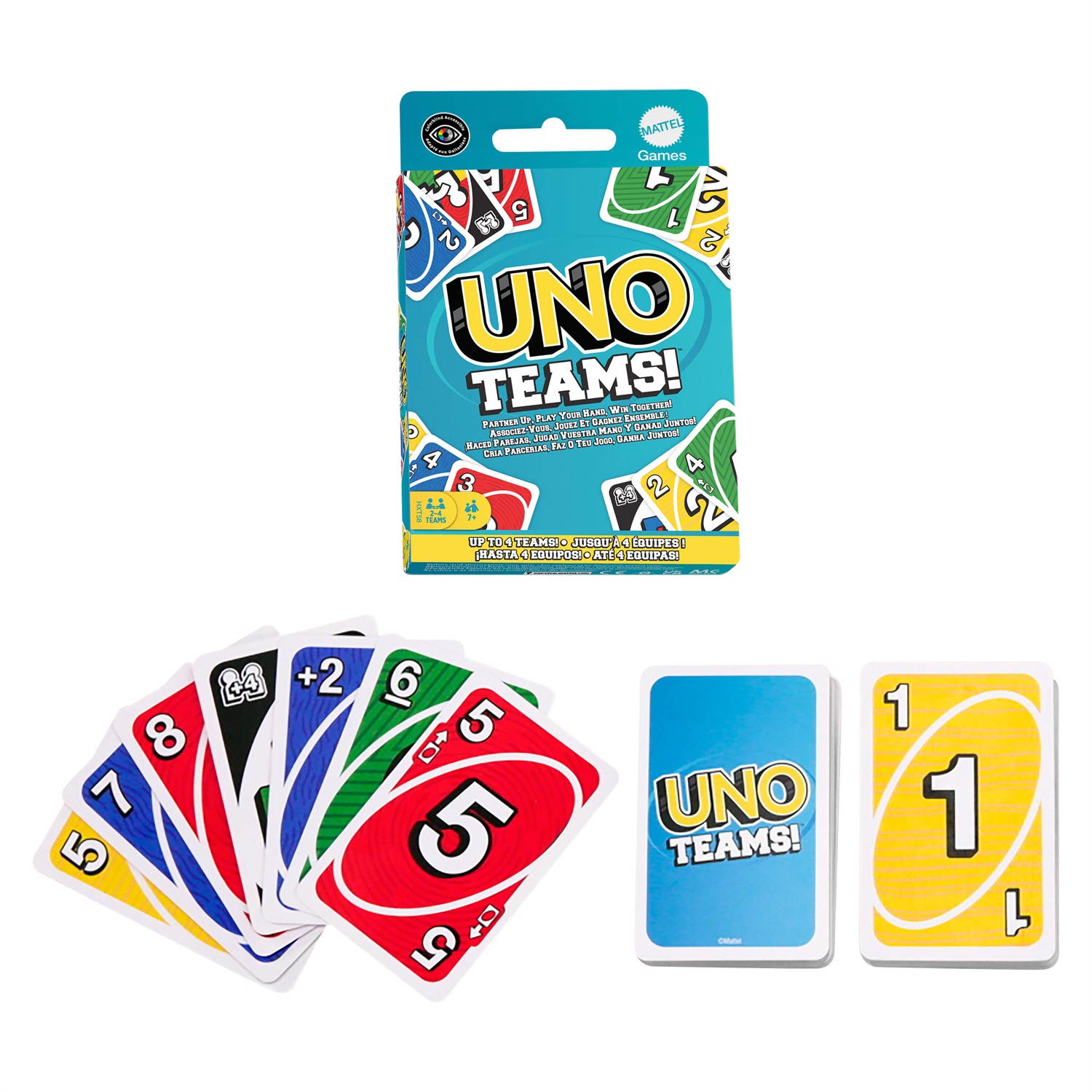 Mattel UNO Teams - Gioco di carte a squadre HXT58 con regole speciali e carte Squadra Jolly, per 2-8 giocatori, età 7