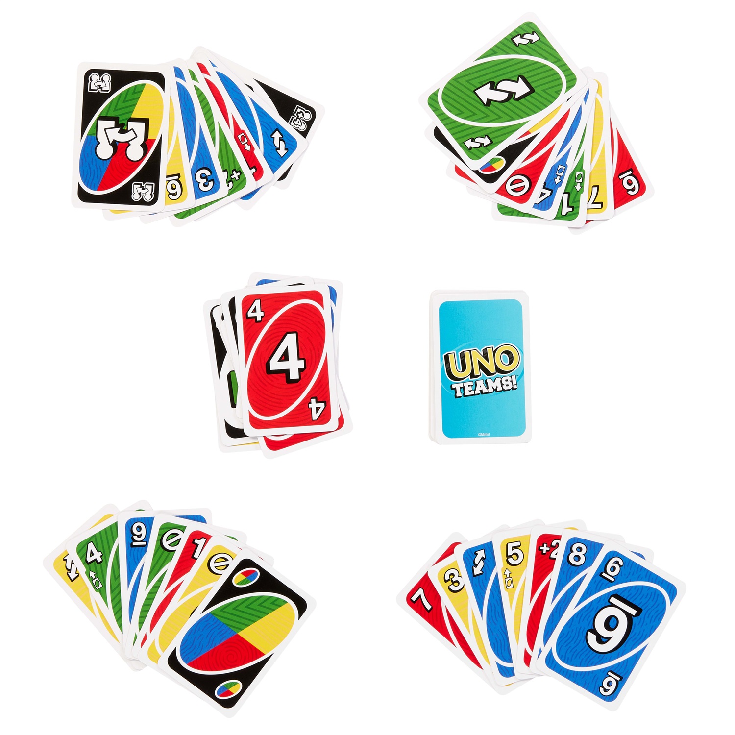 Mattel UNO Teams - Gioco di carte a squadre HXT58 con regole speciali e carte Squadra Jolly, per 2-8 giocatori, età 7