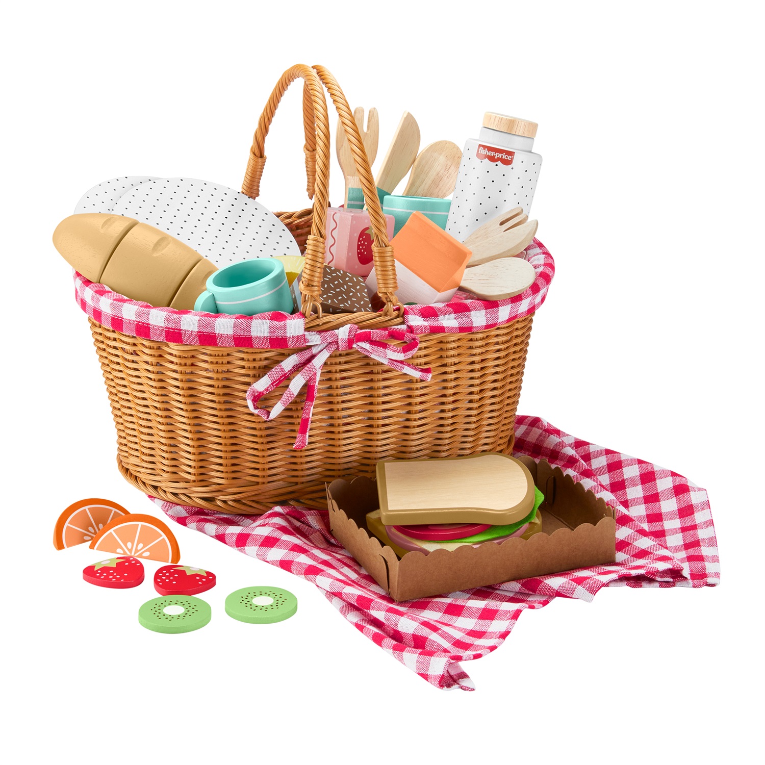 Fisher-Price - Cestino da Picnic in Legno, set da 31 pezzi con tovaglia, cibo, piatti e posate per bambini dai 3 anni
