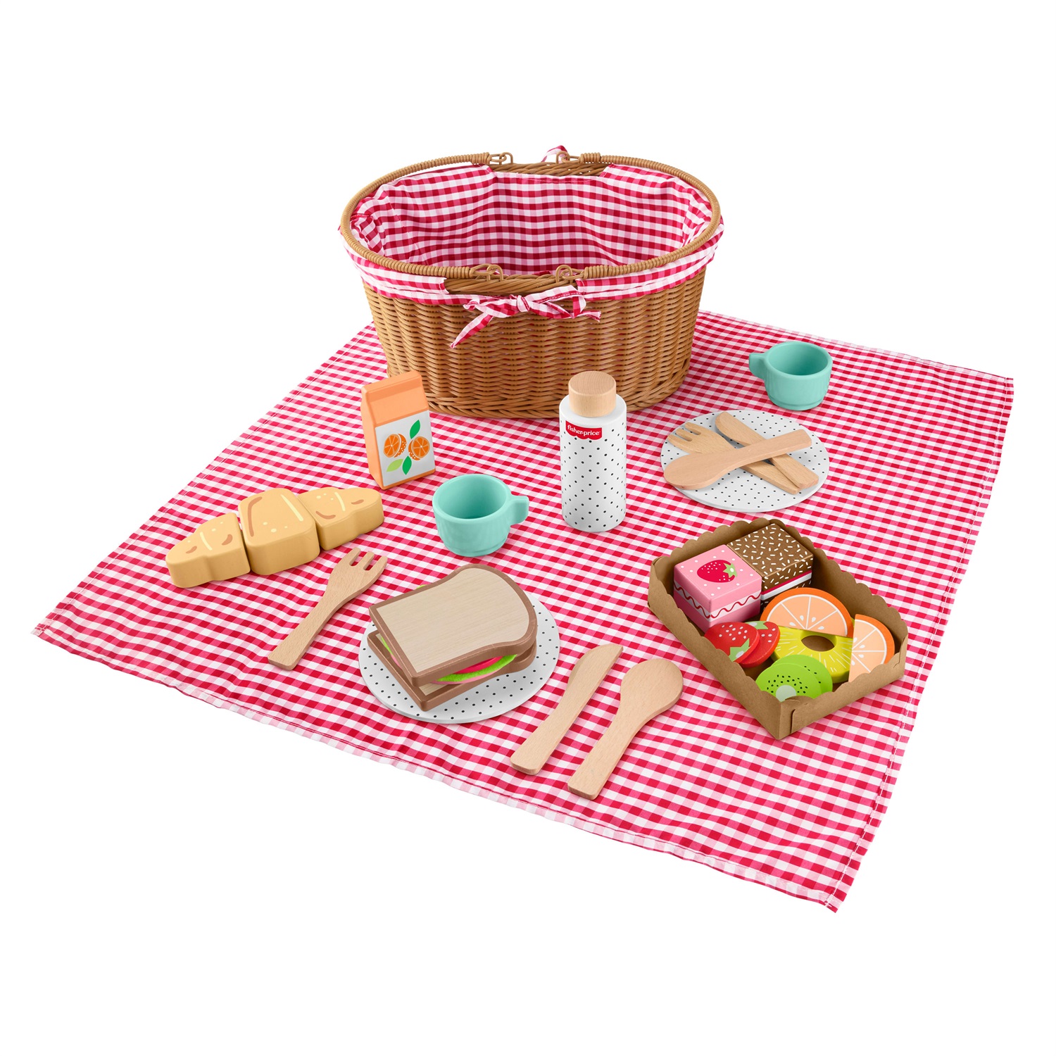 Fisher-Price - Cestino da Picnic in Legno, set da 31 pezzi con tovaglia, cibo, piatti e posate per bambini dai 3 anni