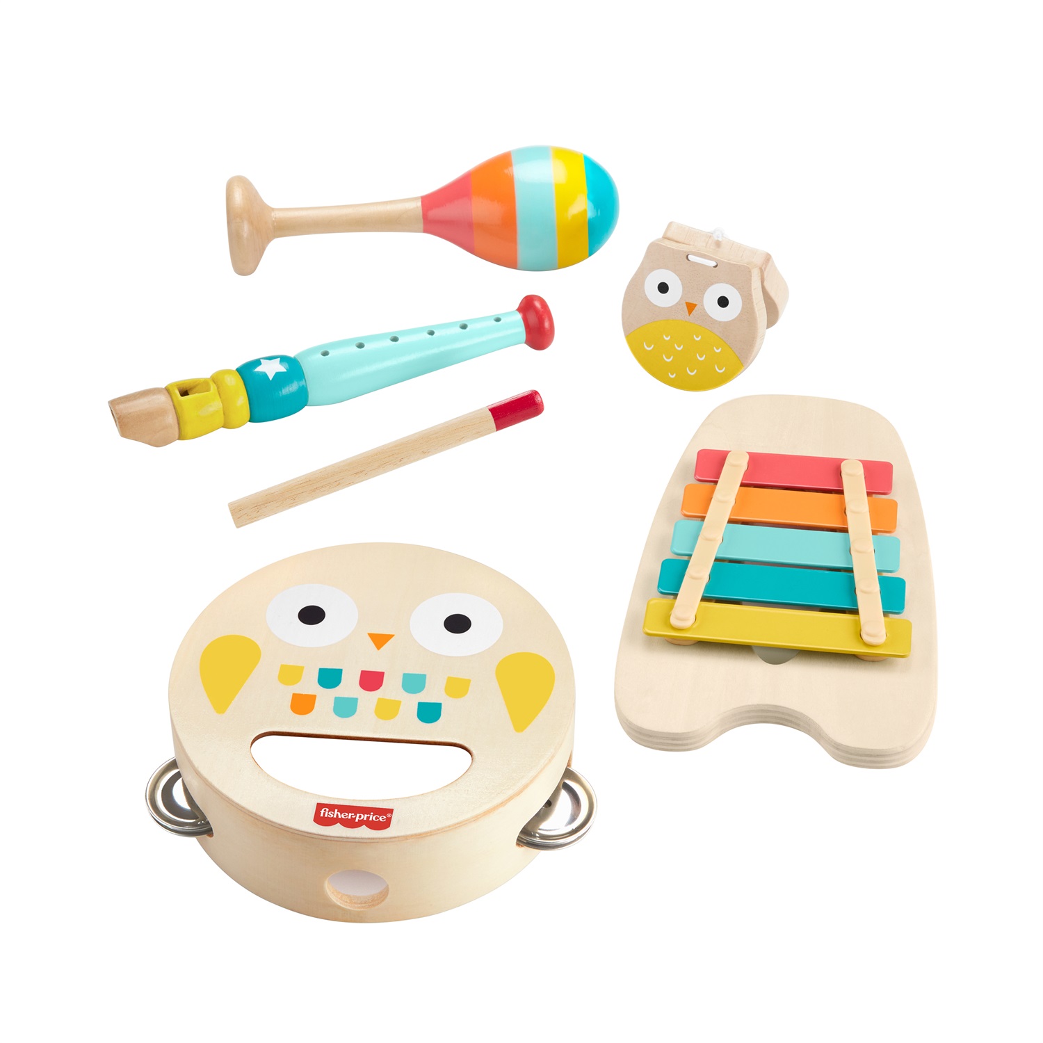 Fisher-Price Set Strumenti Musicali - 6 strumenti giocattolo in legno a forma di animali per bambini 2 anni, HXT90