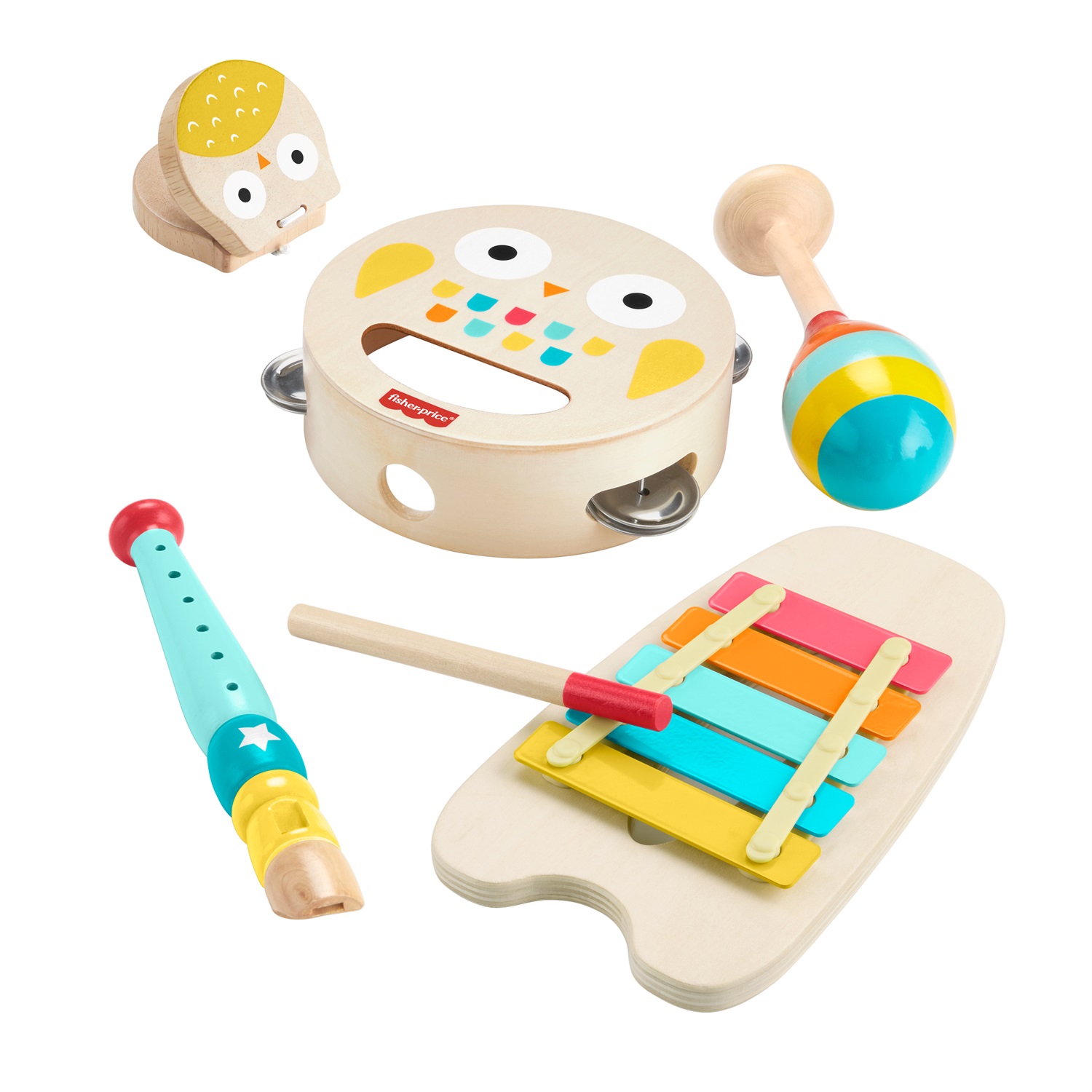 Fisher-Price Set Strumenti Musicali - 6 strumenti giocattolo in legno a forma di animali per bambini 2 anni, HXT90