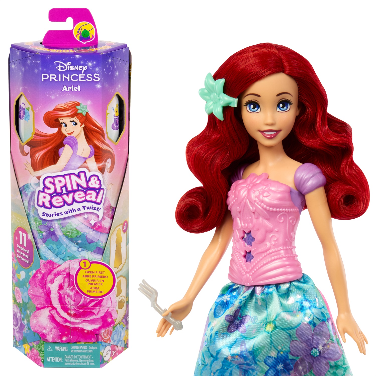 Mattel Disney Princess - Ariel Spin & Reveal, set con bambola e 11 sorprese, 5 accessori e 5 adesivi, ispirato al film La Sirenetta, giocattolo per bambini 3 anni