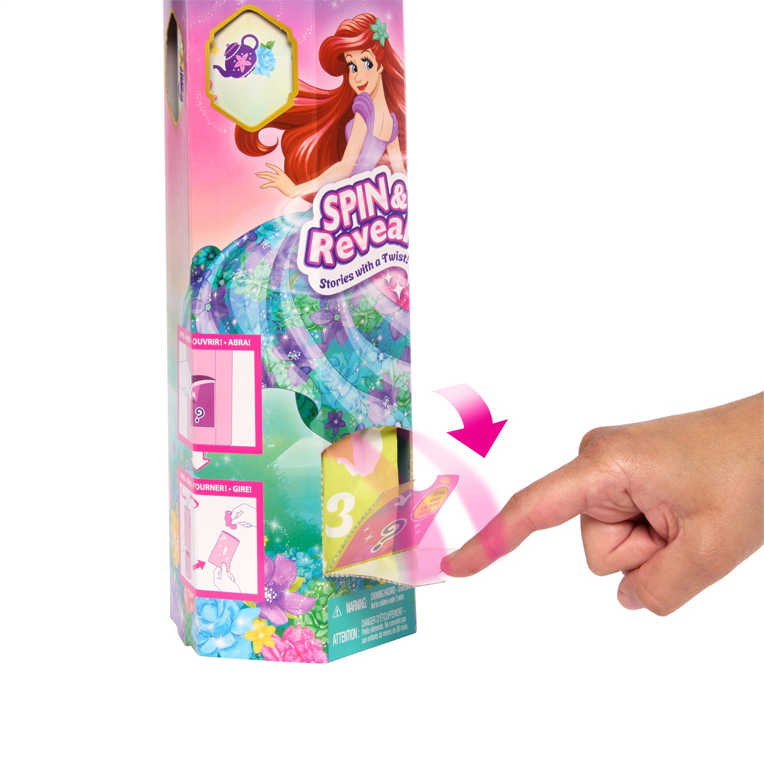 Mattel Disney Princess - Ariel Spin & Reveal, set con bambola e 11 sorprese, 5 accessori e 5 adesivi, ispirato al film La Sirenetta, giocattolo per bambini 3 anni