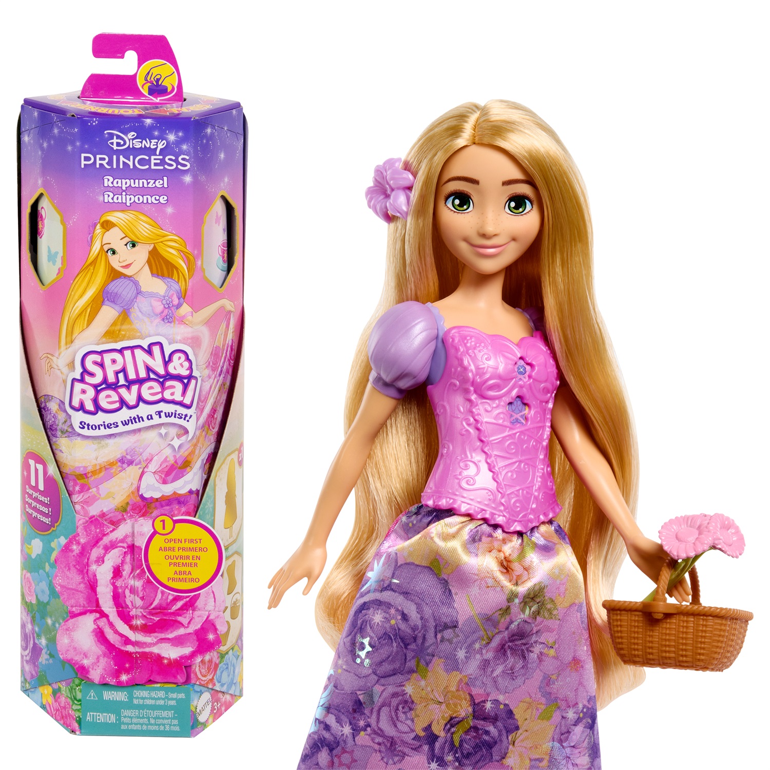 Mattel Disney Princess - Bambola Rapunzel Spin & Reveal con 11 sorprese, 5 accessori e 5 adesivi, per bambini 3