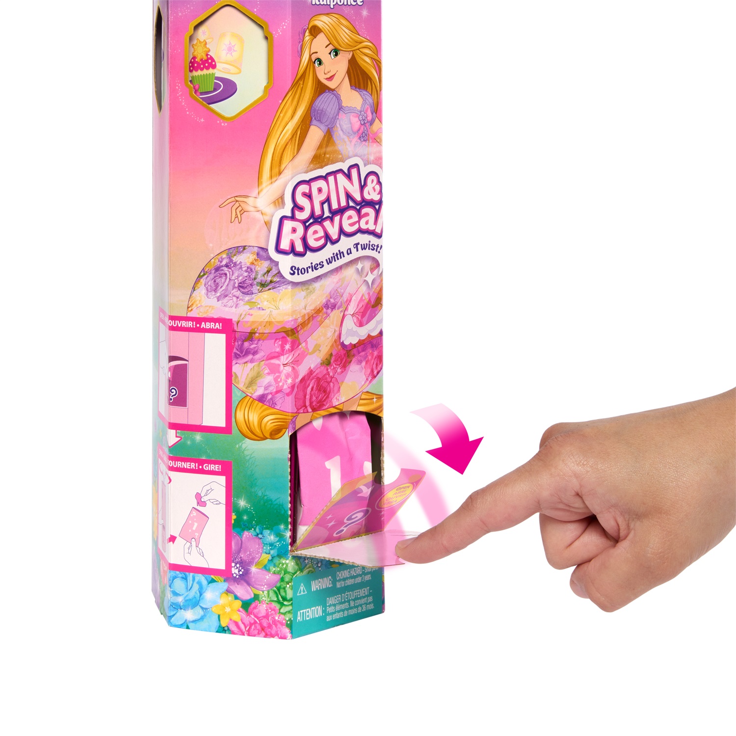 Mattel Disney Princess - Bambola Rapunzel Spin & Reveal con 11 sorprese, 5 accessori e 5 adesivi, per bambini 3