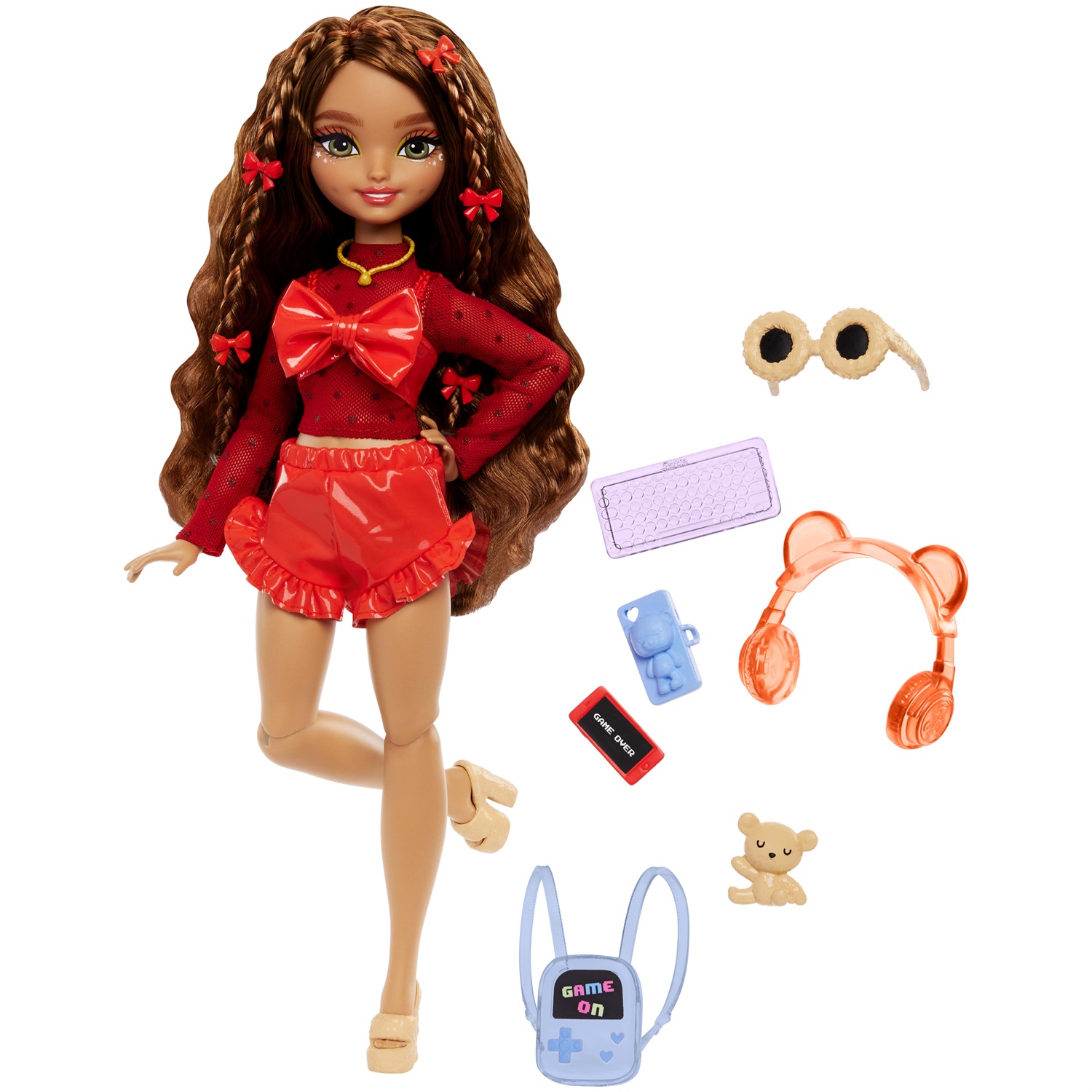 Barbie Dream Besties - Teresa, bambola snodata alla moda con lunghi capelli castani e 10 accessori a tema videogiochi, giocattolo per bambini 4 anni, HYC23