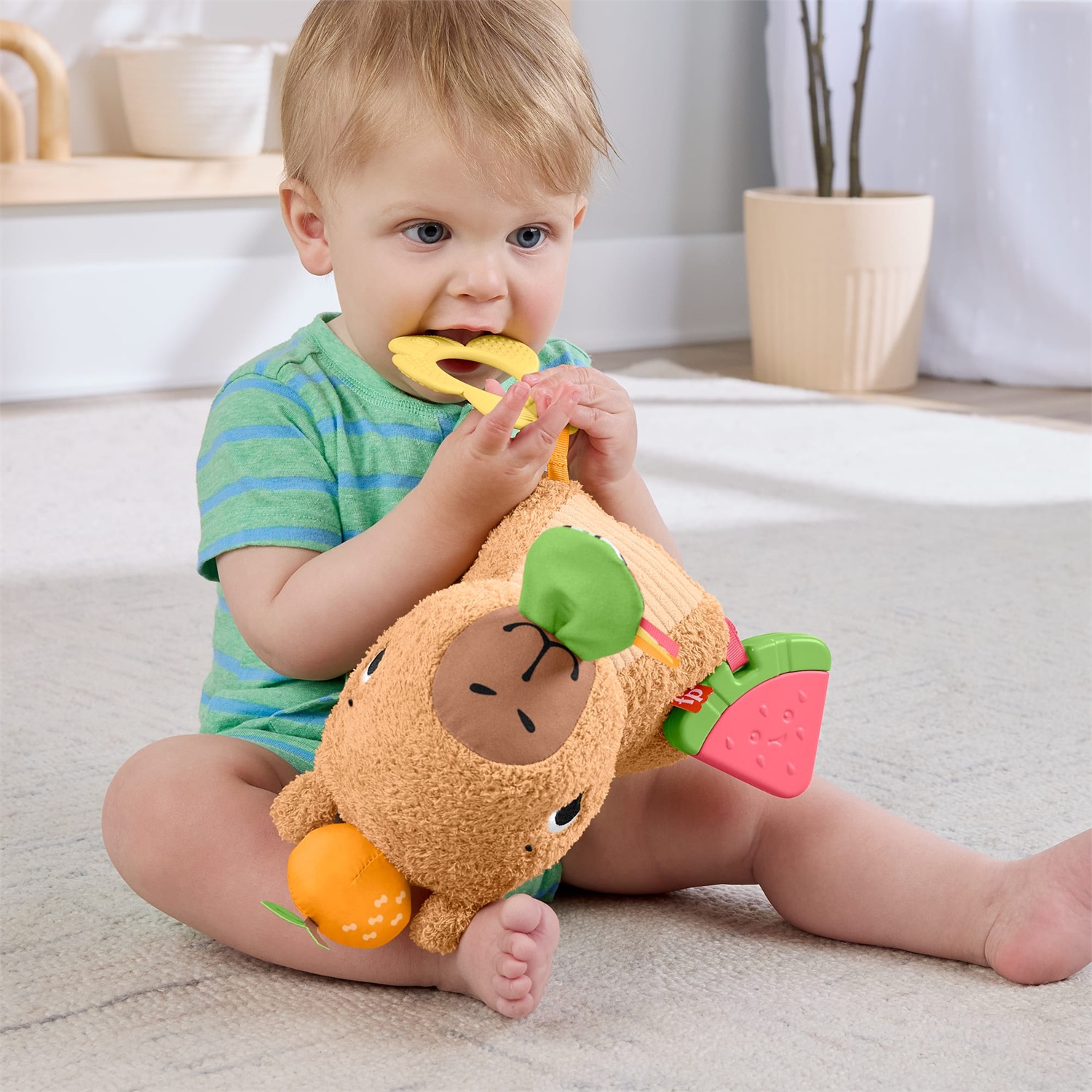 Fisher-Price Marmotta Coccole e Merenda HYR54 - Peluche Sensoriale con Massaggiagengive e Sonaglino per Neonati, 3 mesi