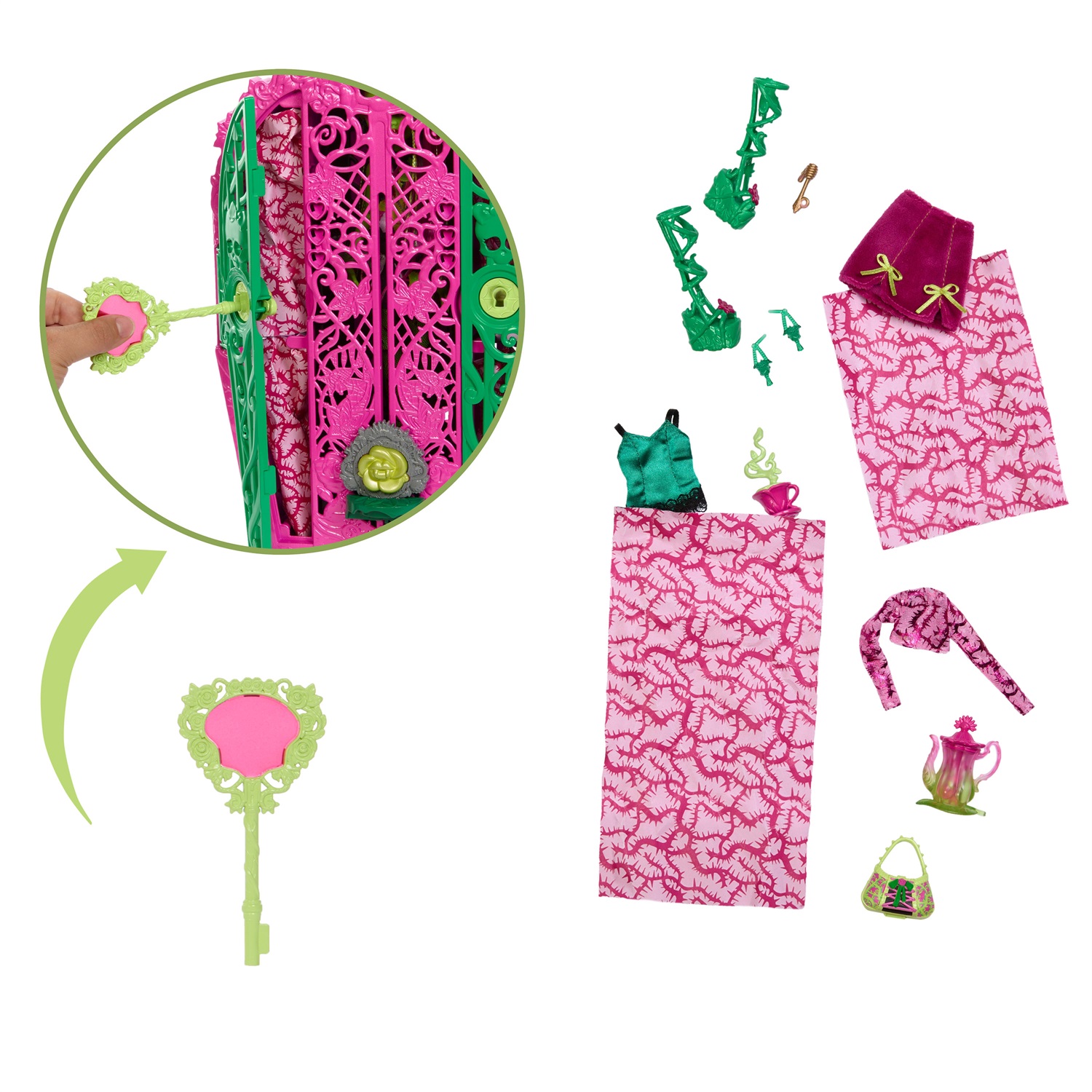 Monster High Venus McFlytrap - Set Segreti da Brivido con Bambola, Guardaroba e 19 Accessori per il Tea Party, Giocattolo per Bambini 4 Anni