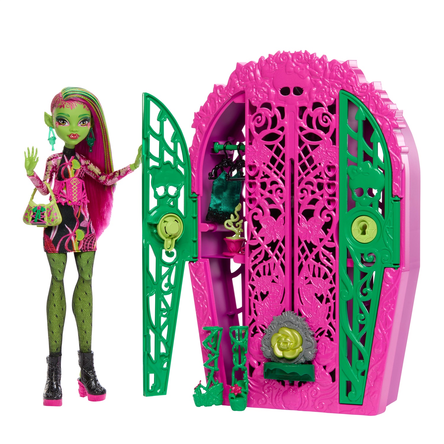 Monster High Venus McFlytrap - Set Segreti da Brivido con Bambola, Guardaroba e 19 Accessori per il Tea Party, Giocattolo per Bambini 4 Anni