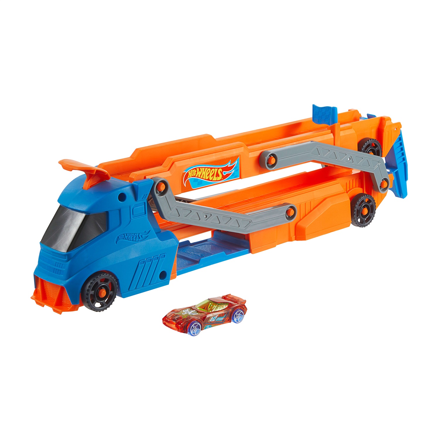 Hot Wheels Trasportatore con Pista Super Velocità HYT83 - Camion che Diventa Pista con Lanciatore, Contiene Fino a 9 Auto, Giocattolo per Bambini 3 Anni