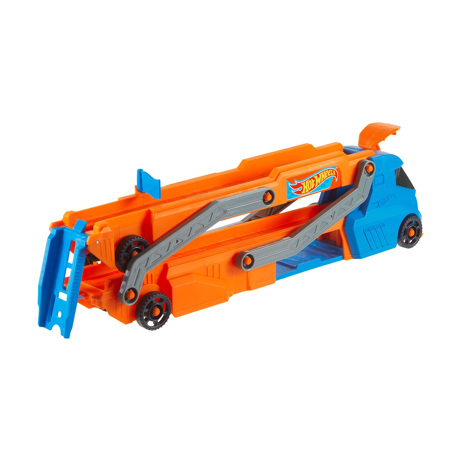 Hot Wheels Trasportatore con Pista Super Velocità HYT83 - Camion che Diventa Pista con Lanciatore, Contiene Fino a 9 Auto, Giocattolo per Bambini 3 Anni