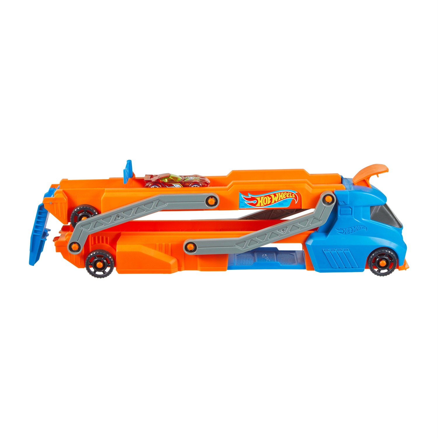 Hot Wheels Trasportatore con Pista Super Velocità HYT83 - Camion che Diventa Pista con Lanciatore, Contiene Fino a 9 Auto, Giocattolo per Bambini 3 Anni