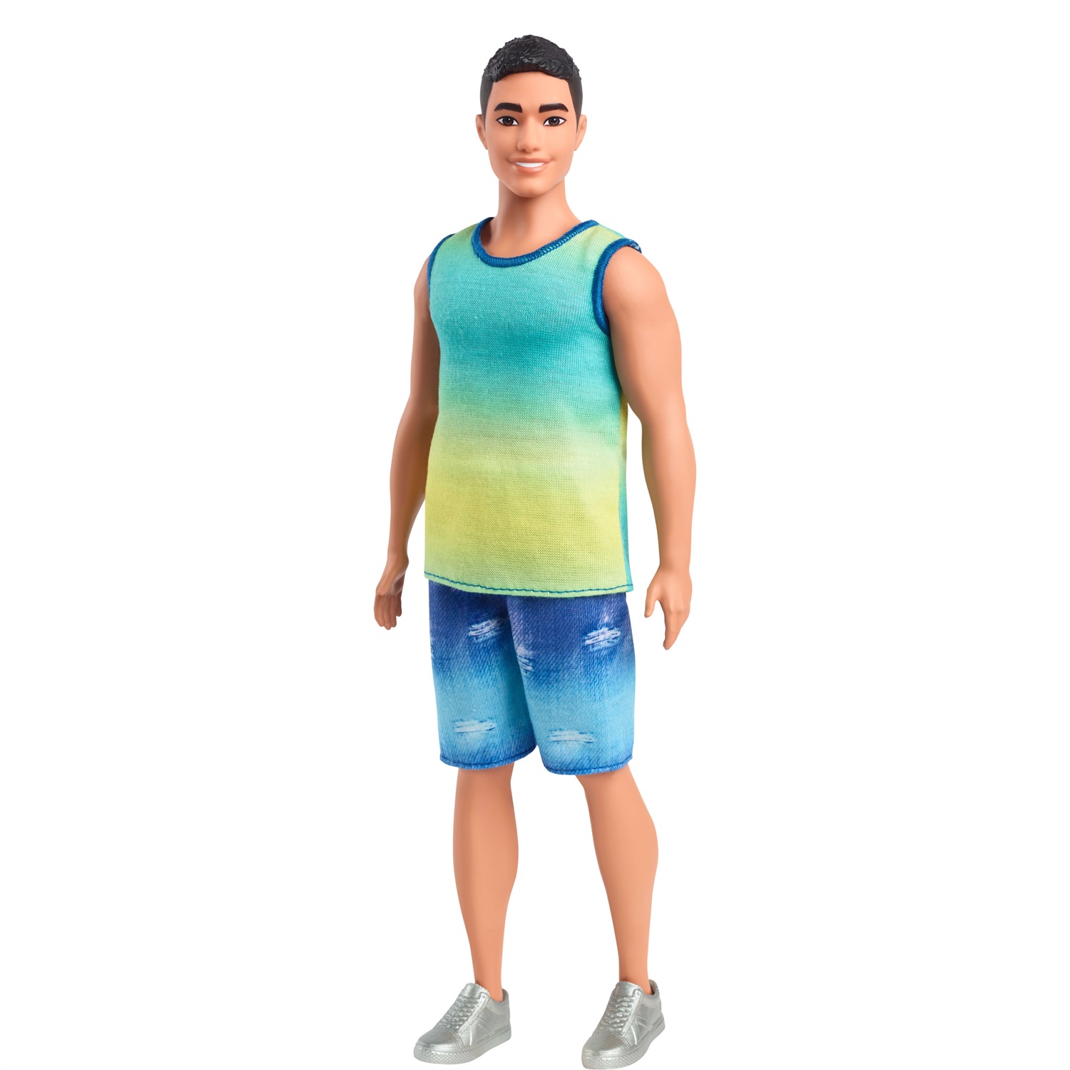 Barbie Ken Fashionistas n. 236 - Bambola con Capelli Neri, Canotta Blu e Verde Sfumata, Shorts in Jeans e Sneaker Argento, Giocattolo per Bambini 3 Anni