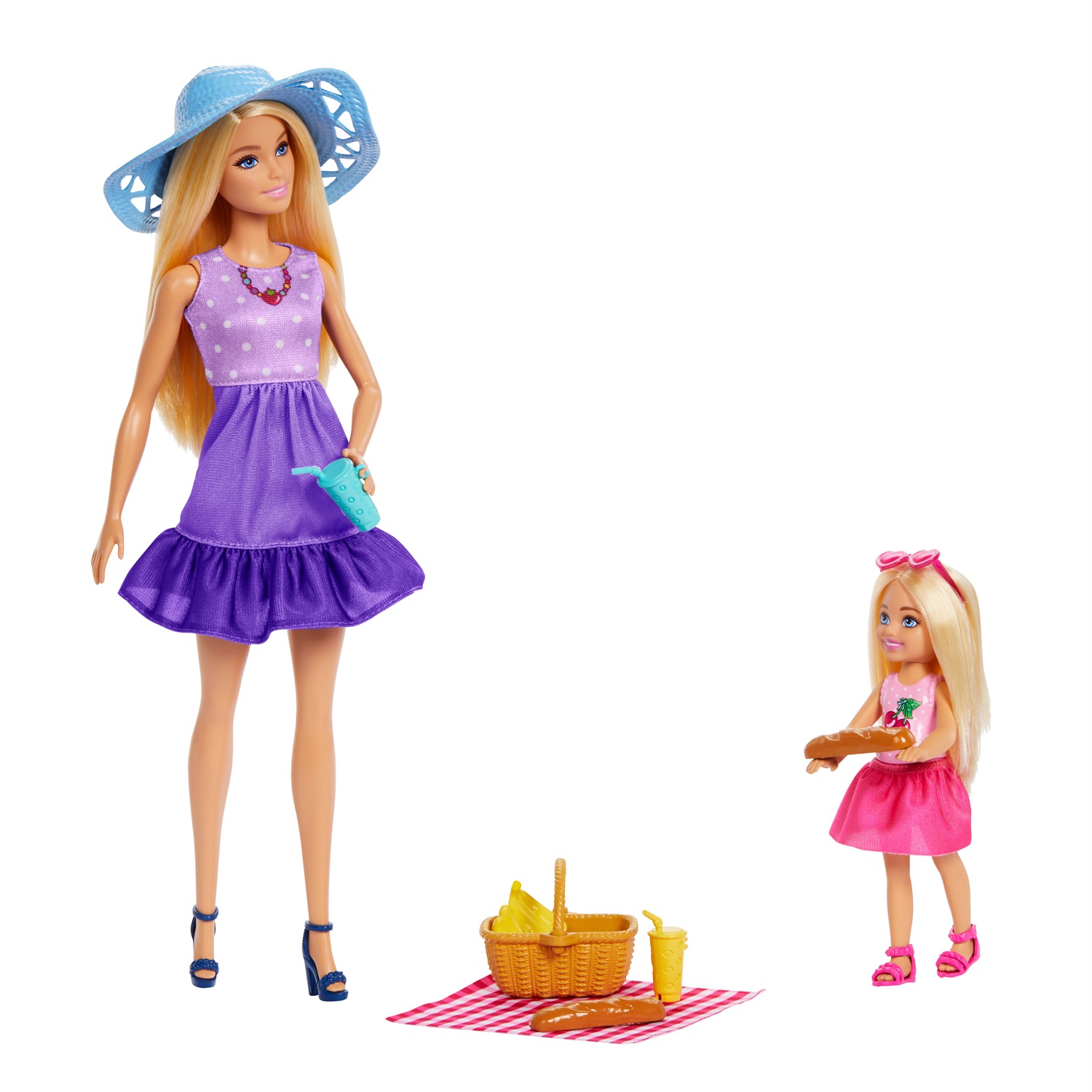 Barbie JBF43 - Set di Gioco Famiglia e Amici con Bambole Malibu e Chelsea, oltre 9 Accessori e Abiti a Tema Picnic, Giocattolo per Bambini 3 Anni