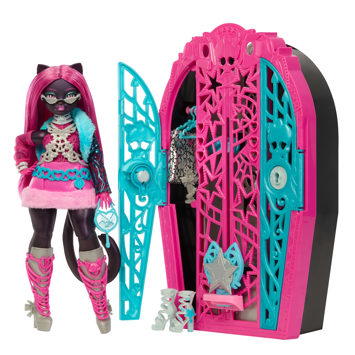 Monster High Catty Noir Segreti da Brivido - I Misteri di Hauntlywood, bambola con abiti, guardaroba e 19 accessori glamour a sorpresa, giocattolo per bambini 4 anni
