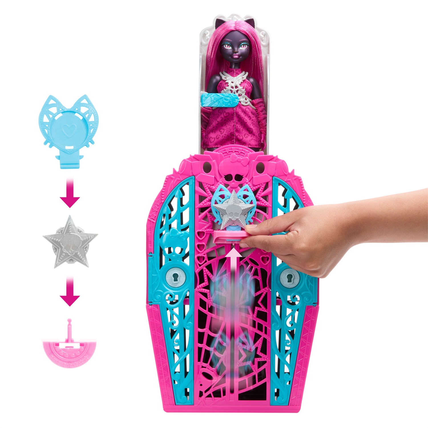 Monster High Catty Noir Segreti da Brivido - I Misteri di Hauntlywood, bambola con abiti, guardaroba e 19 accessori glamour a sorpresa, giocattolo per bambini 4 anni