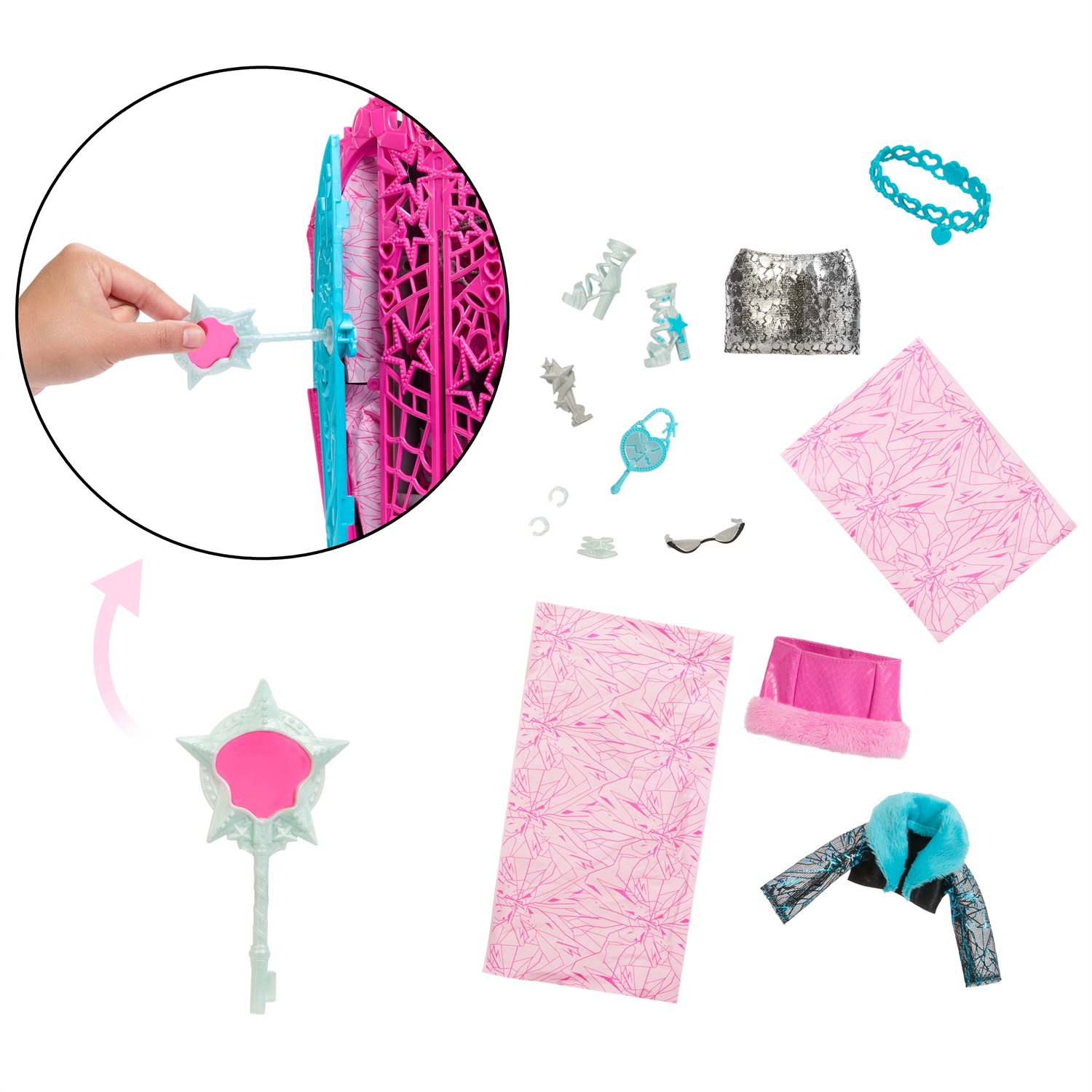 Monster High Catty Noir Segreti da Brivido - I Misteri di Hauntlywood, bambola con abiti, guardaroba e 19 accessori glamour a sorpresa, giocattolo per bambini 4 anni