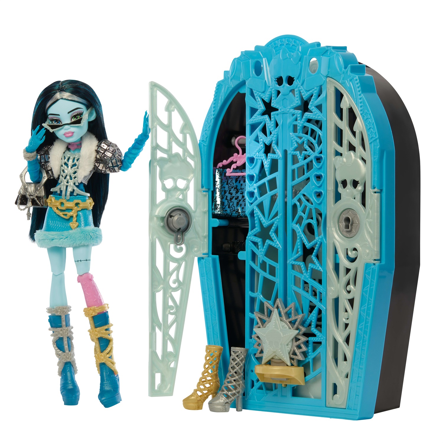 Monster High Segreti da Brivido - Frankie Stein I Misteri di Hauntlywood, bambola con abiti, guardaroba e 19 accessori glamour a sorpresa, giocattolo per bambini 4 anni