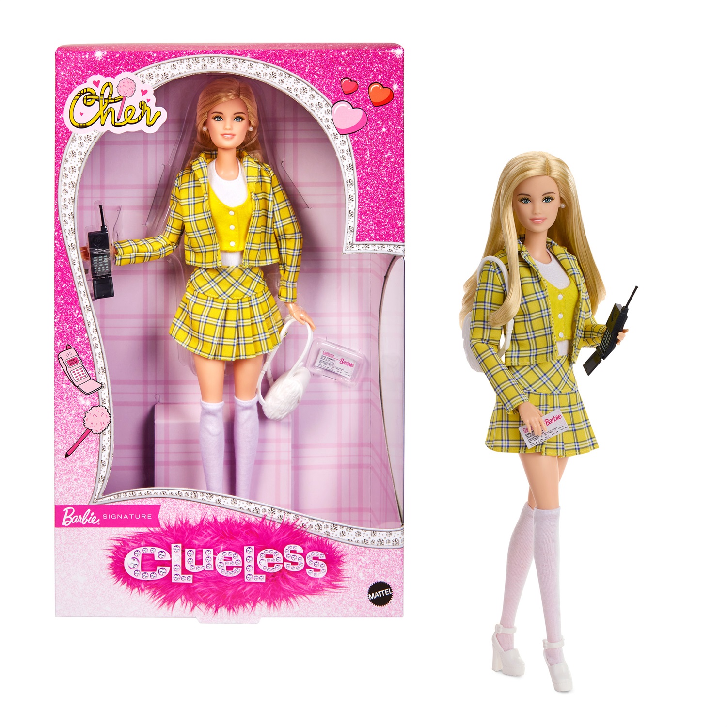 Barbie Signature Clueless Cher - Bambola da Collezione 30° Anniversario con Abito a Quadri Giallo, Zaino, Telefono Cellulare e Foglio Rosa, Giocattolo per Bambini 6 Anni
