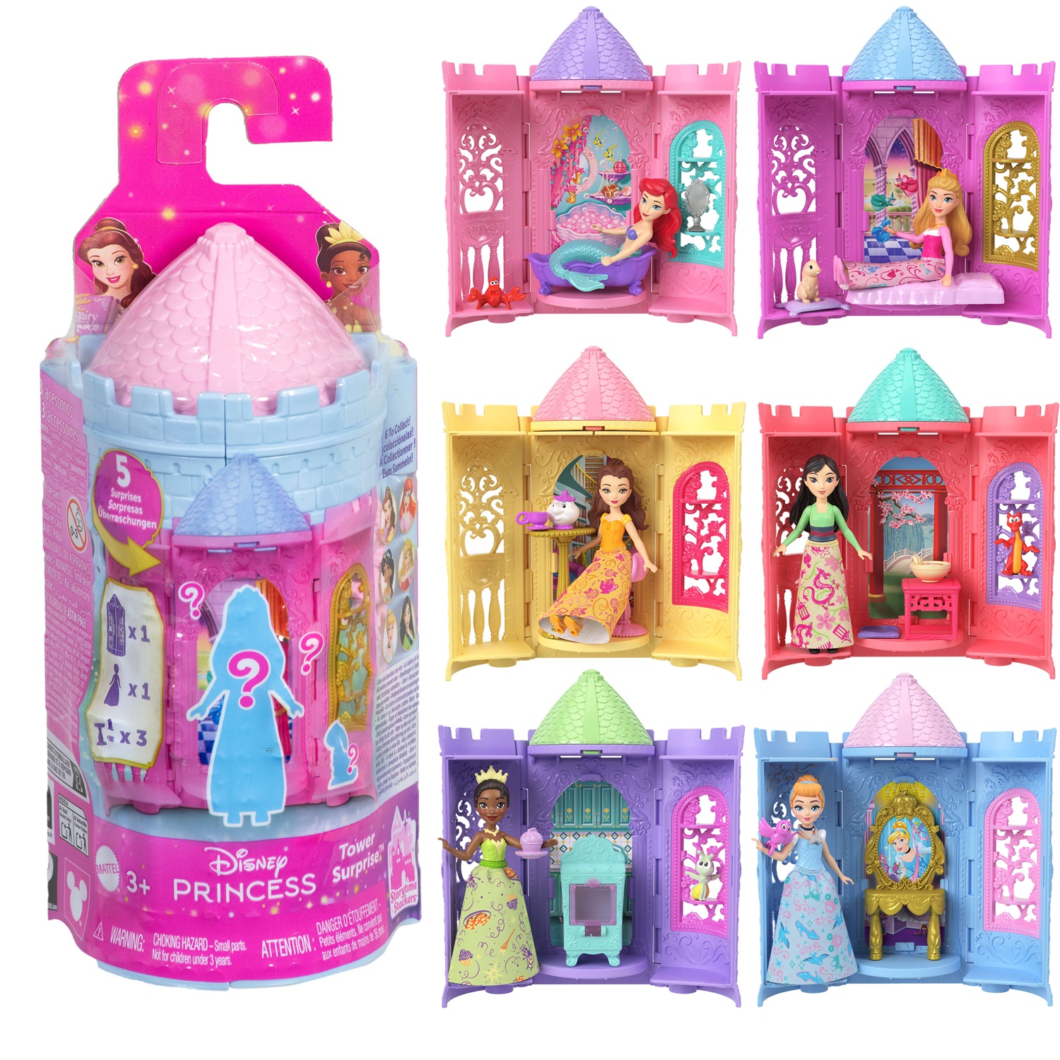 Mattel Disney Princess Torre a Sorpresa con Mini Bambola e 4 Accessori a Sorpresa - Giocattolo per Bambini 3 Anni