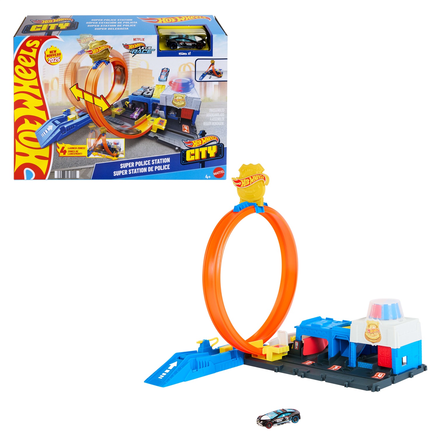 Hot Wheels City JBM71 - Super Stazione di Polizia con playset regolabile, 4 corsie, loop e macchinina inclusa, giocattolo per bambini 4 anni